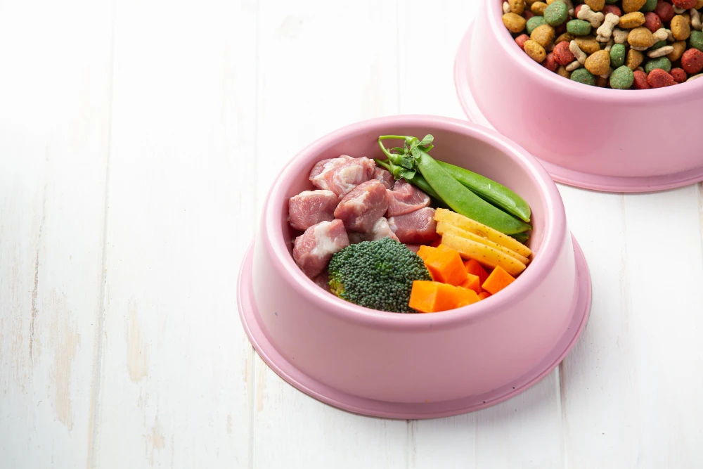 Gamelle pour chien avec viande et légumes frais à côté de croquettes