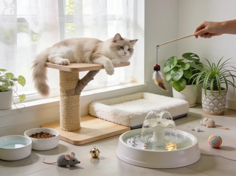 Chat allongé sur un arbre à chat près d'une fenêtre, avec une fontaine à eau, des gamelles, des jouets interactifs et une personne jouant avec lui dans un environnement intérieur confortable et enrichi.