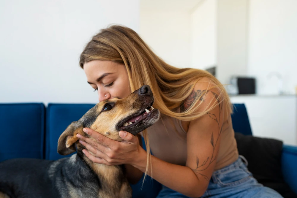 Femme embrassant son chien à la maison