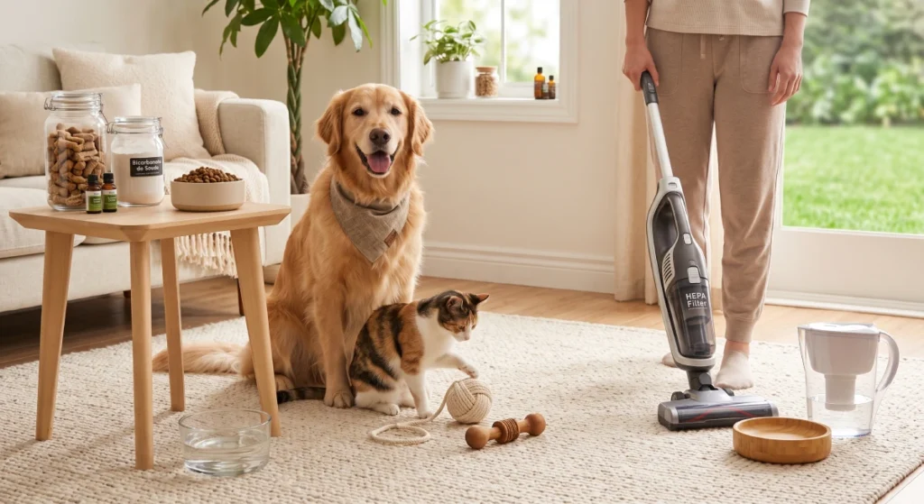 Un chien Golden Retriever et un chat jouent sur un tapis dans un salon lumineux pendant qu'une personne passe un aspirateur. À proximité se trouvent des croquettes, un bol d'eau, un filtre à eau et des produits d'entretien naturels.