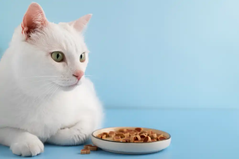 chat blanc à côté d’une assiette de croquettes