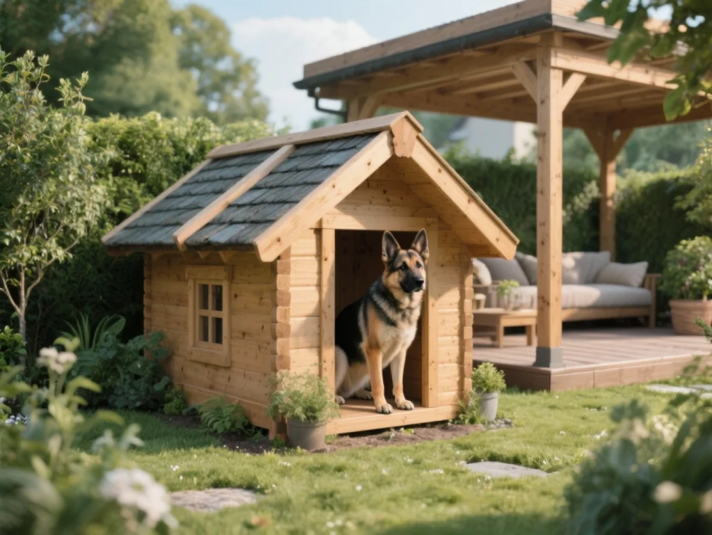 Niche chien jardin en bois avec toit double pente, berger allemand à l’entrée dans un extérieur ombragé