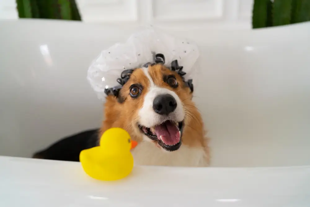 Chien dans une baignoire prêt pour un bain sans shampoing classique