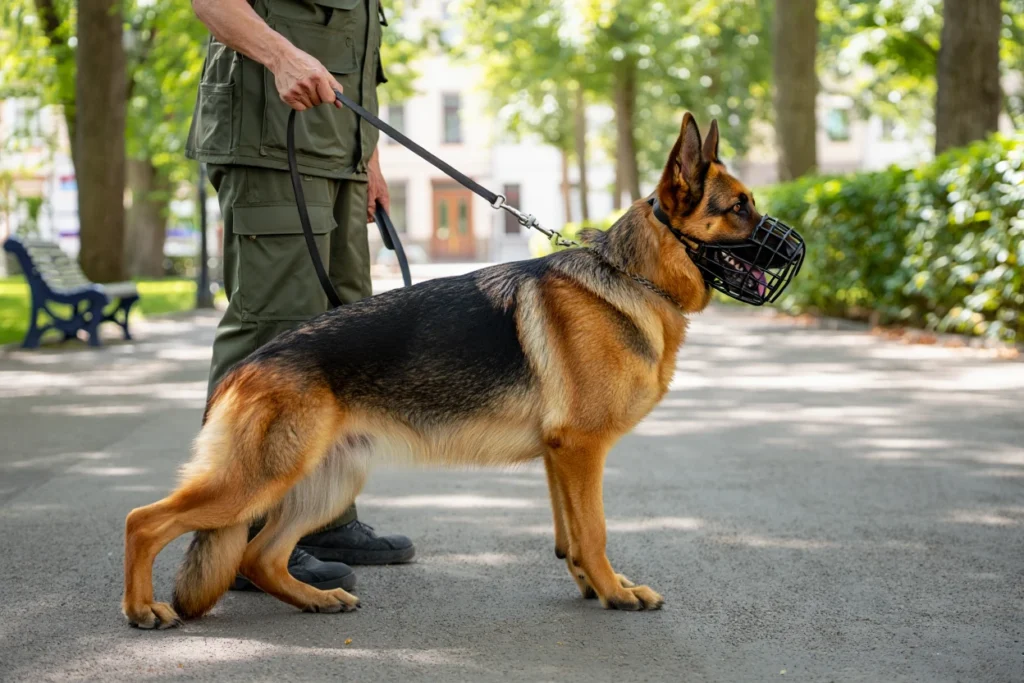 Chien mordeur muselé tenu en laisse par son propriétaire