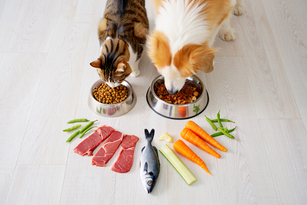 chien et chat qui mangent des croquettes