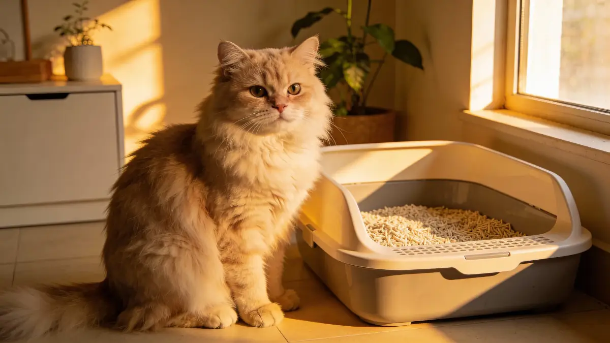 Chat à poils longs assis près de son bac à litière propre, illustrant le choix de la meilleure litière pour chat