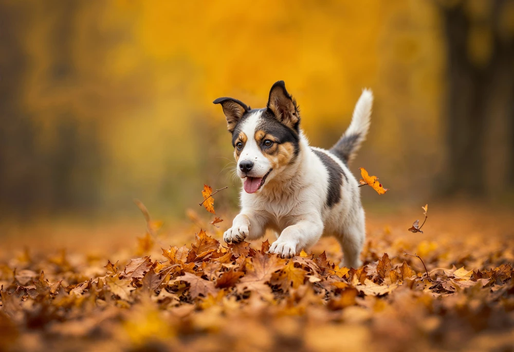 Chien joyeux courant dans des feuilles d’automne, illustration de la catégorie chien d’un blog animaux