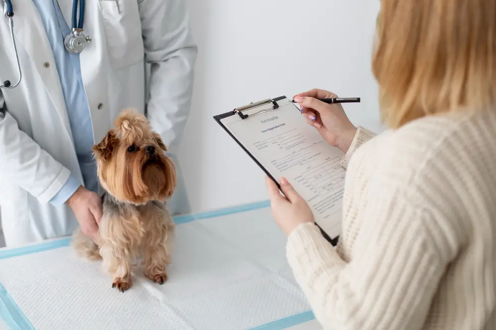 Vétérinaire délivrant un certificat de bonne santé pour l'adoption d'un chien