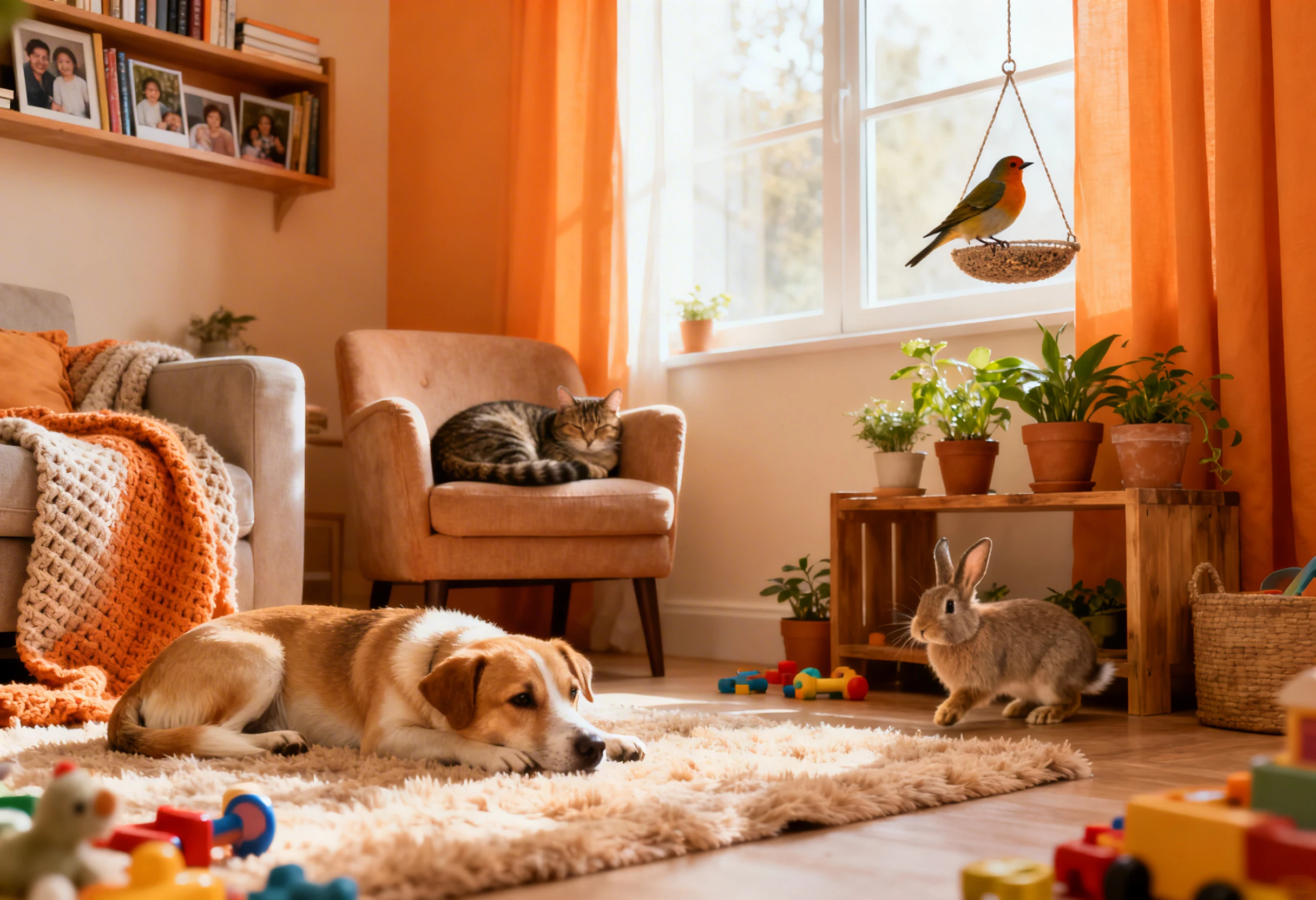 Plusieurs animaux de compagnie dont chien, chat, lapin et oiseau dans un intérieur adapté