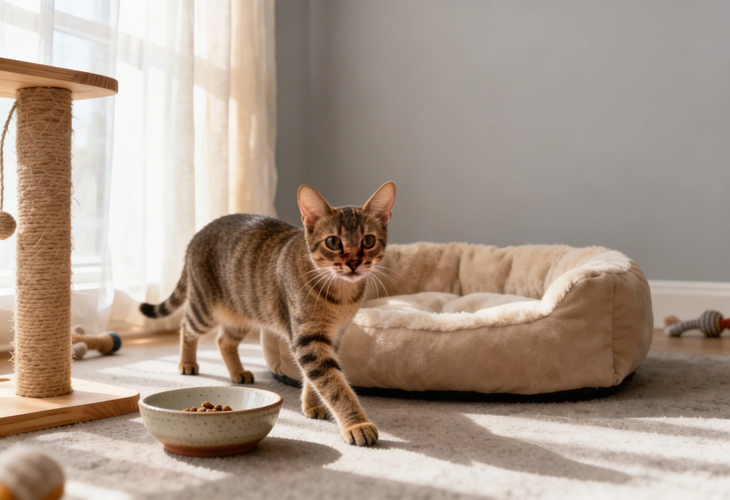 Chat dans un intérieur avec panier, gamelle et arbre à chat prêt pour son accueil