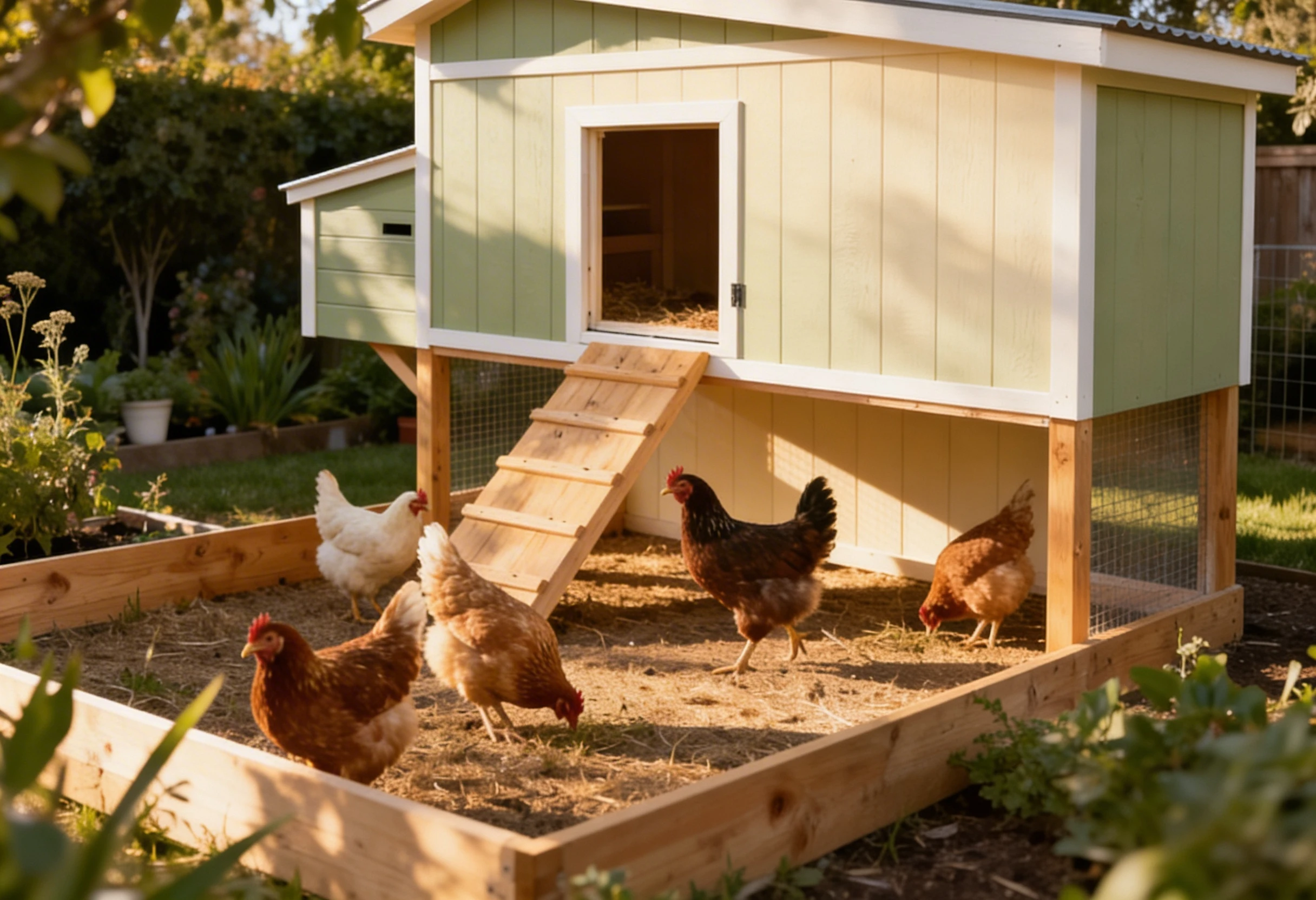 Poules dans un poulailler aménagé avec enclos extérieur pour l’accueil de gallinacés