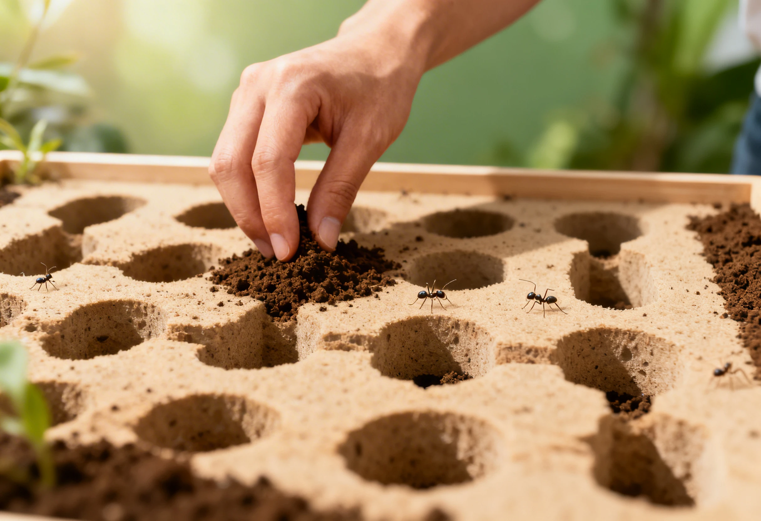 Fourmis dans un habitat artificiel en cours d’installation pour l’accueil d’insectes