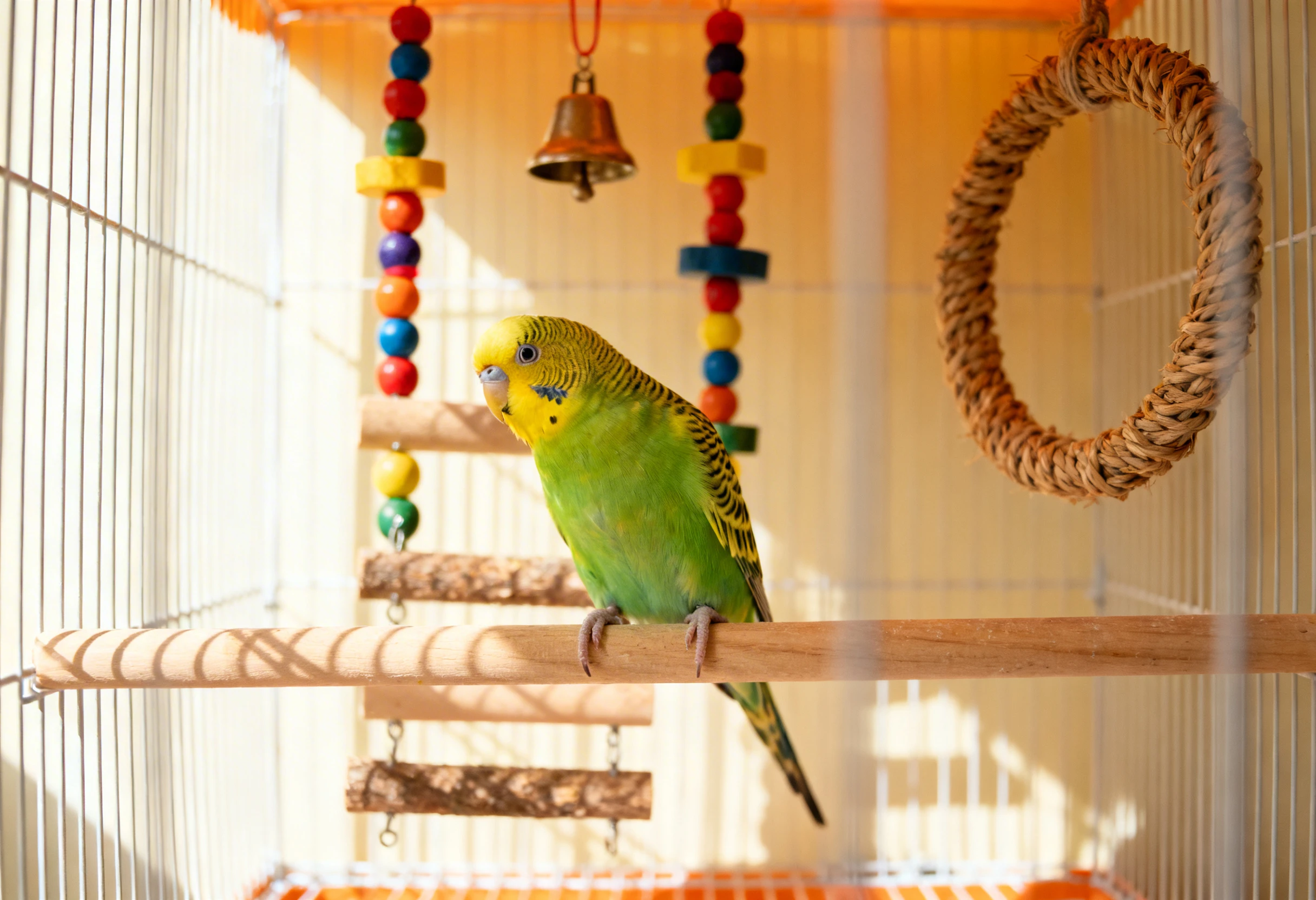 Perruche dans une cage équipée de perchoirs et jouets pour l’accueil d’un oiseau