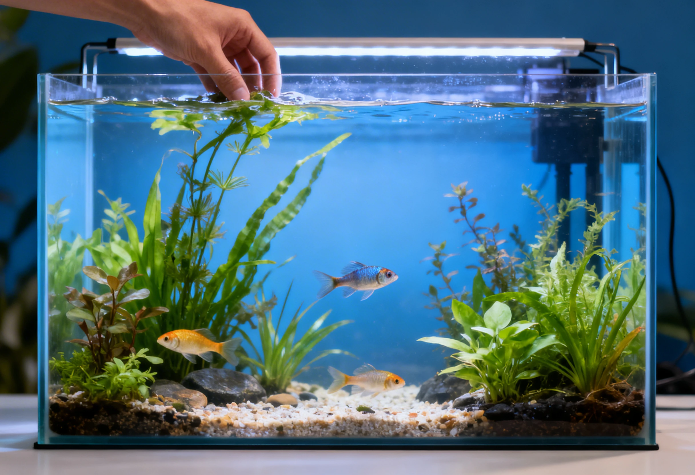 Aquarium avec poissons et plantes aquatiques lors de l’accueil et installation d’un poisson