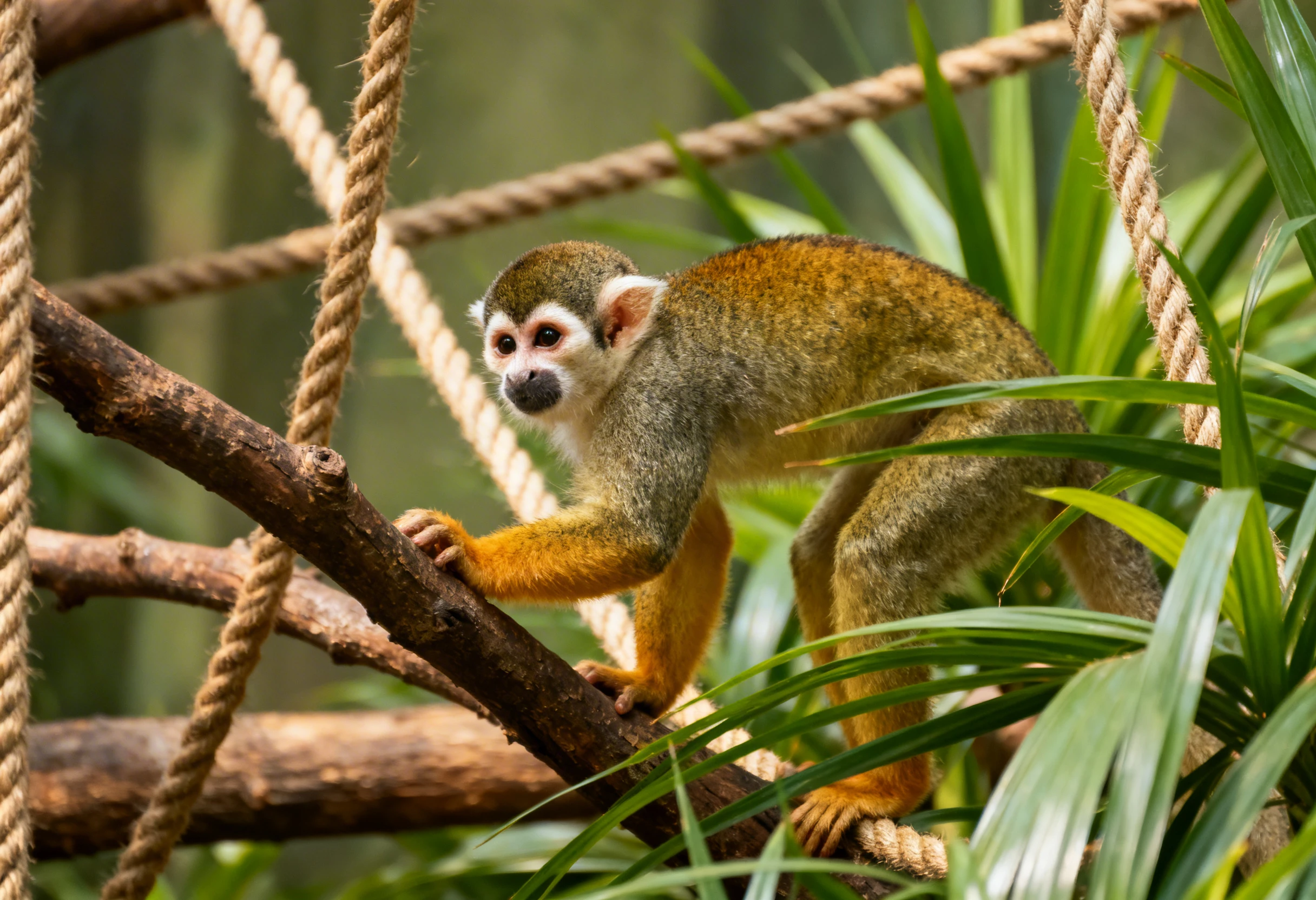 Petit primate dans un environnement aménagé avec branches et cordes pour son accueil