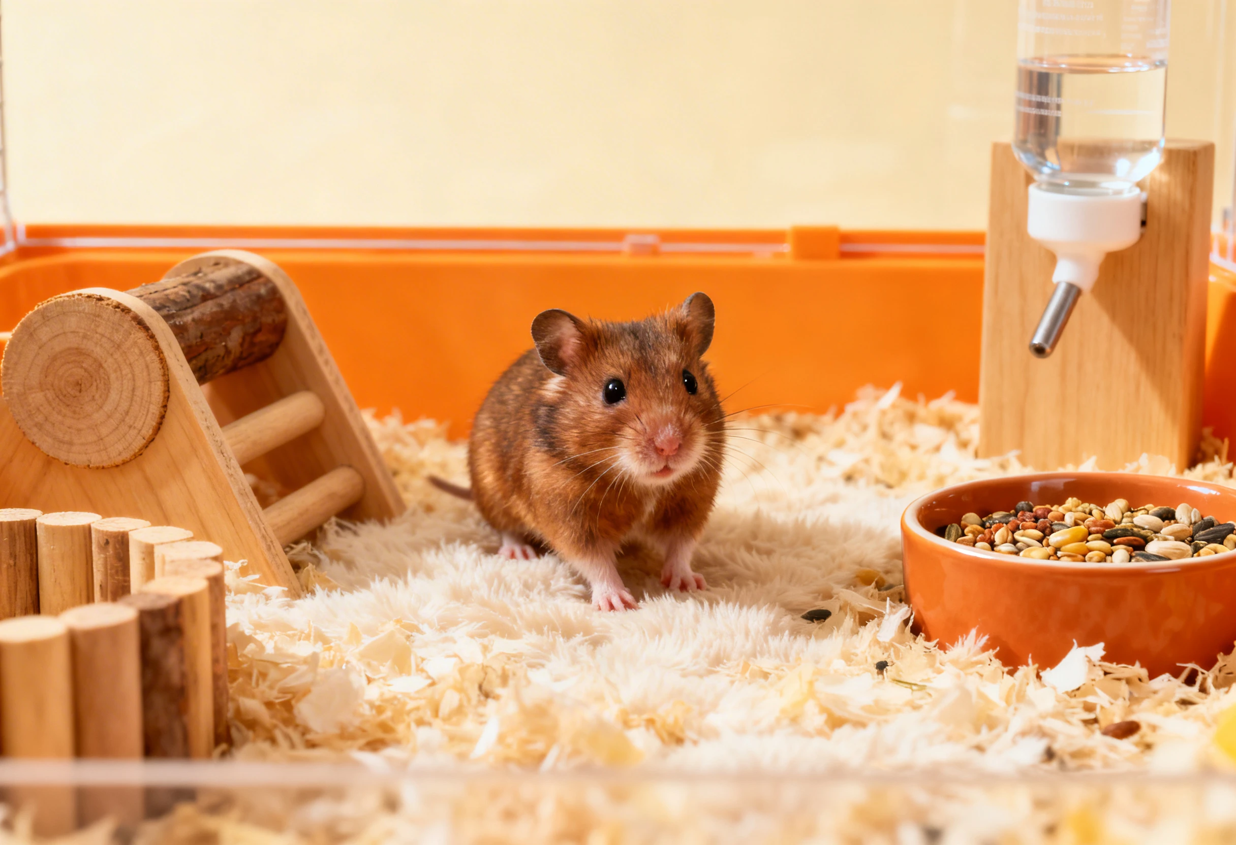 Hamster dans une cage aménagée avec nourriture et accessoires pour l’accueil d’un rongeur