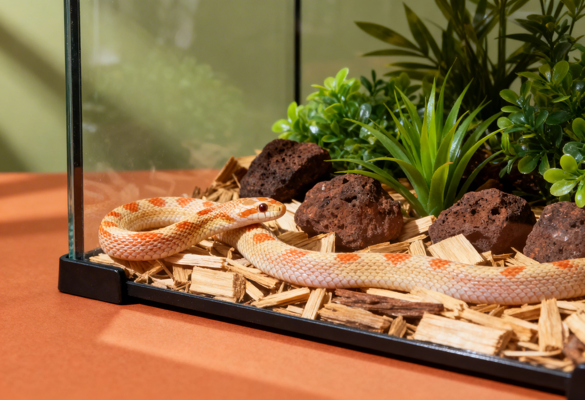 Serpent dans un terrarium aménagé illustrant l’accueil et l’installation d’un serpent