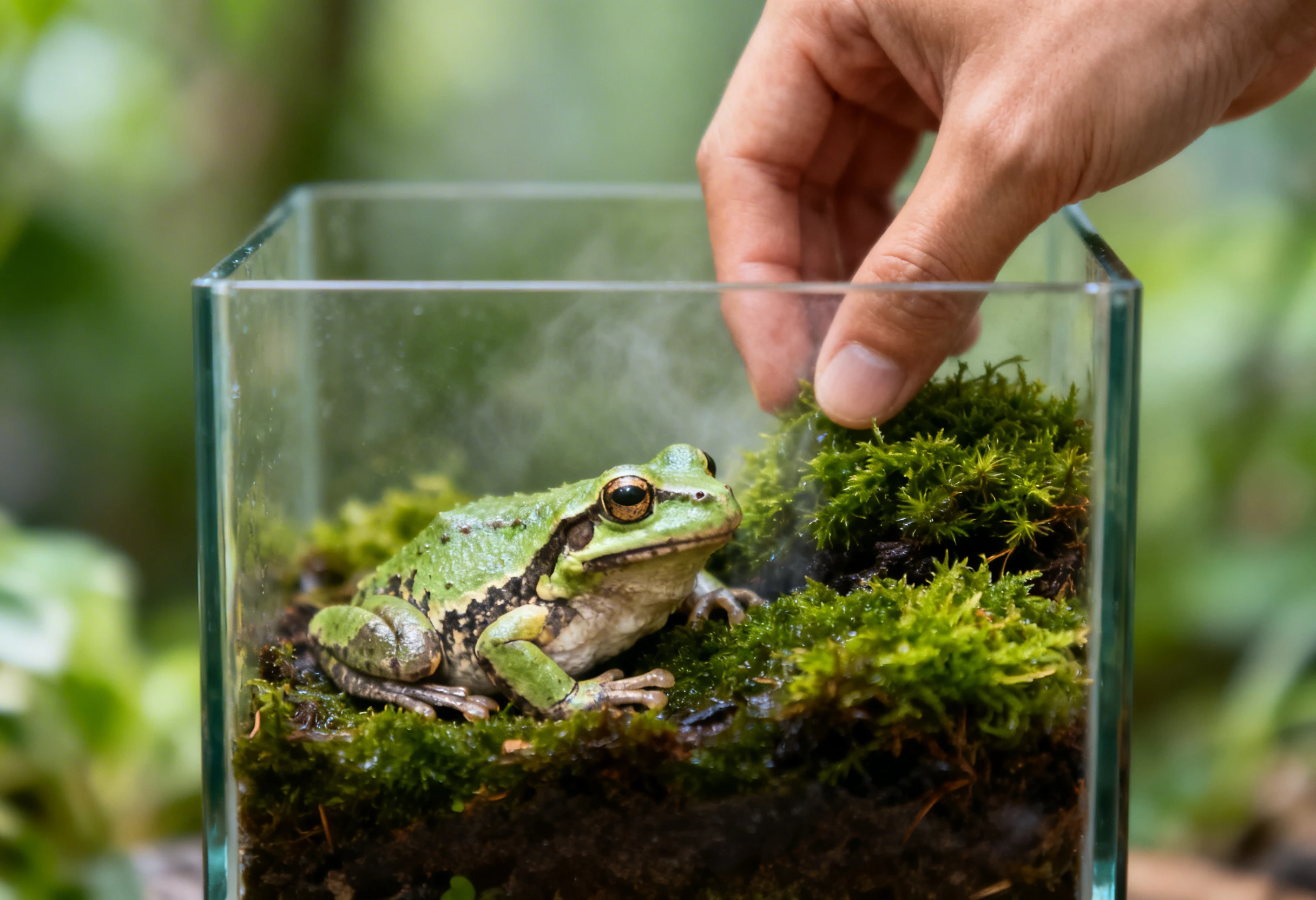 Amphibien comme une grenouille dans un terrarium illustrant l’adoption et les soins d’un amphibien