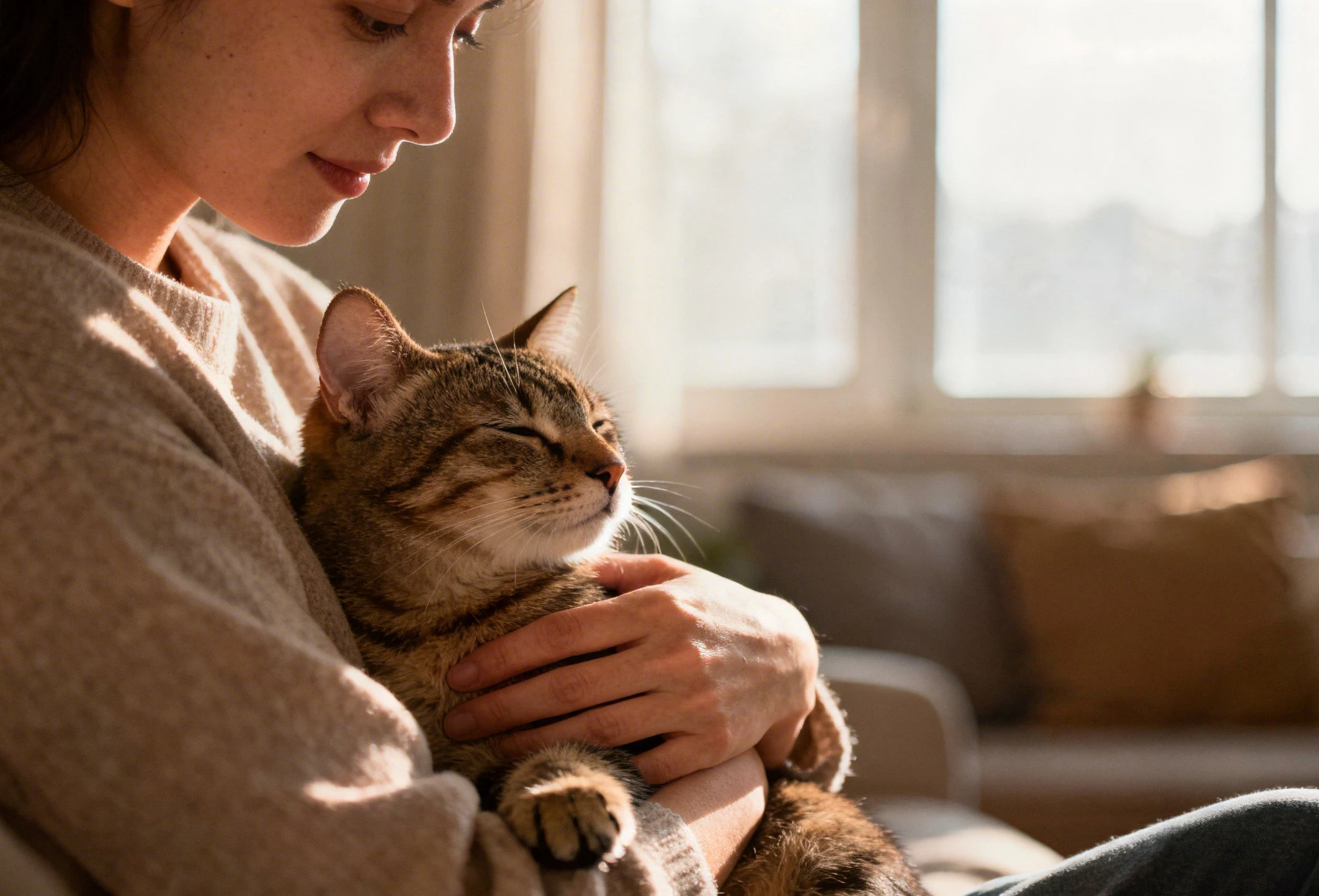 Chat domestique câliné dans les bras de son propriétaire illustrant l’adoption d’un chat