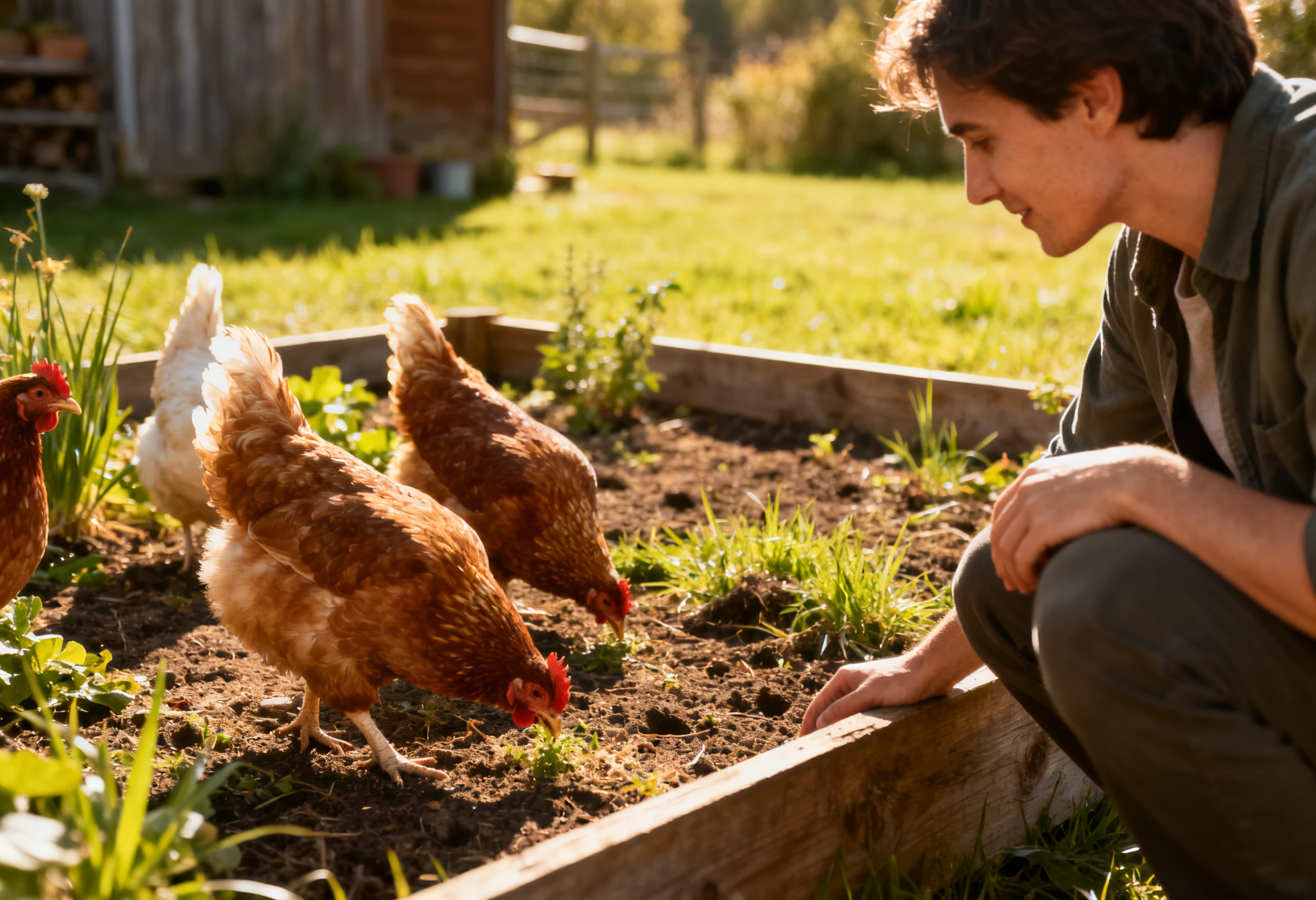 Gallinacés comme des poules dans un jardin avec leur propriétaire illustrant l’adoption de gallinacés