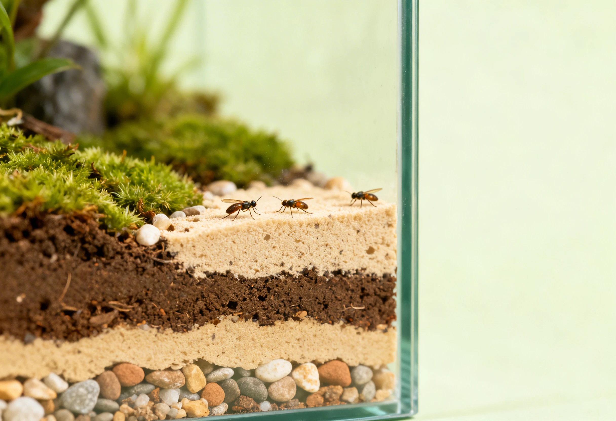Insectes dans un terrarium avec substrat illustrant l’adoption et l’élevage d’insectes