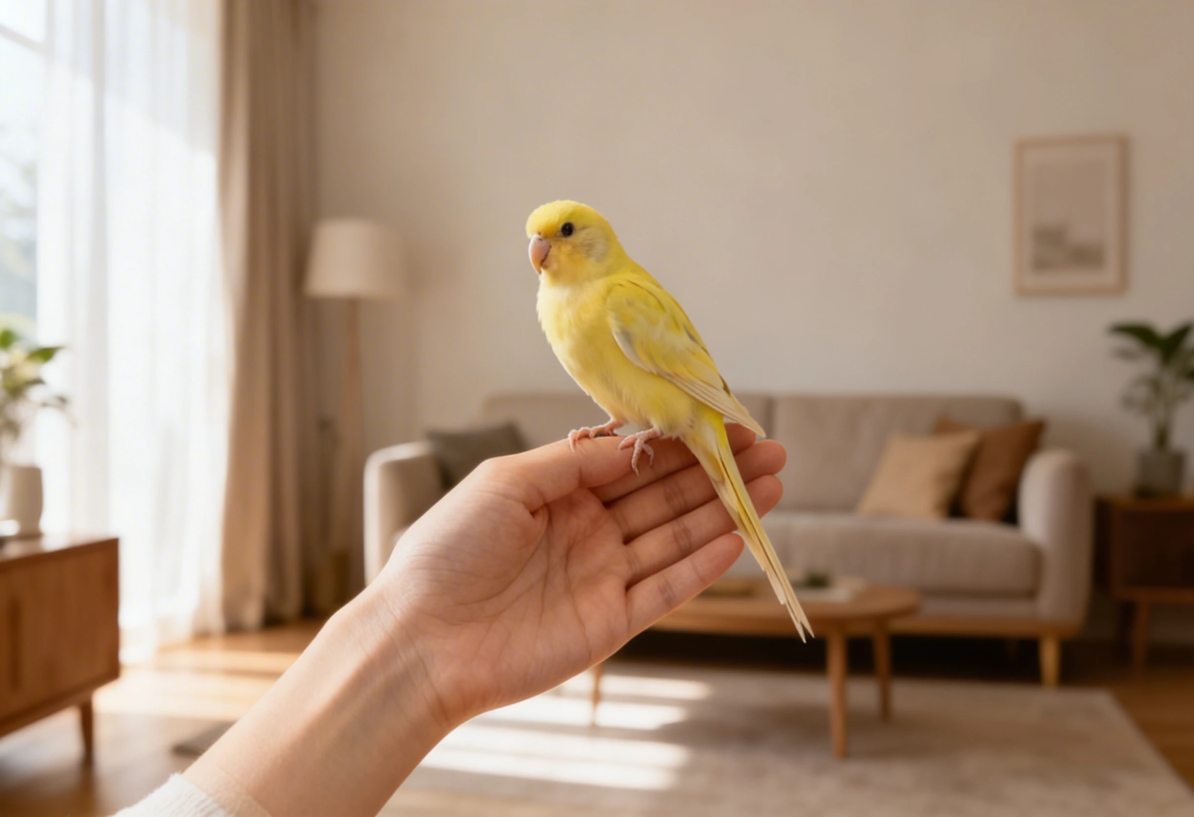 Oiseau domestique perché sur une main illustrant l’adoption d’un oiseau