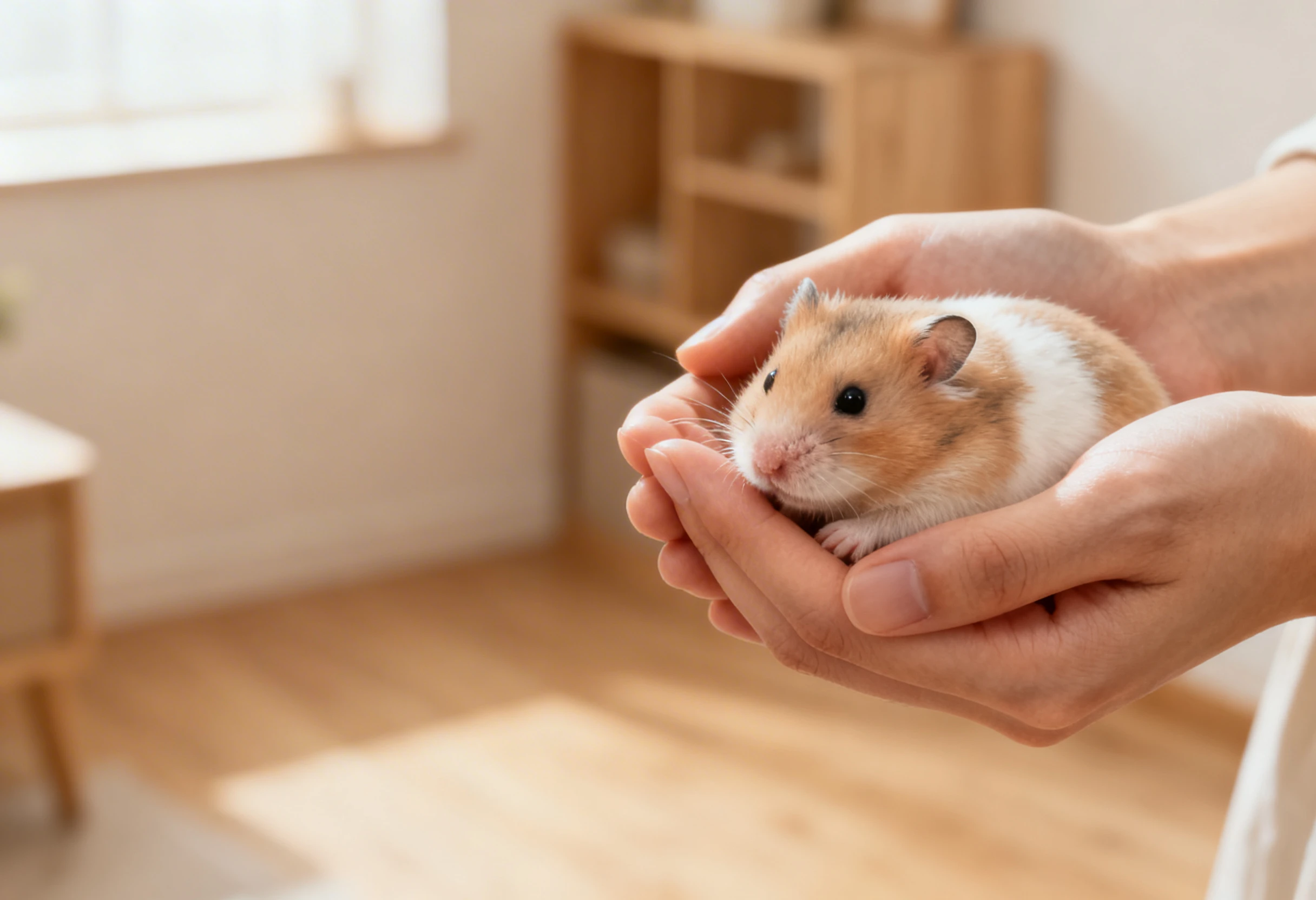 Rongeur domestique comme un hamster tenu dans les mains illustrant l’adoption d’un rongeur