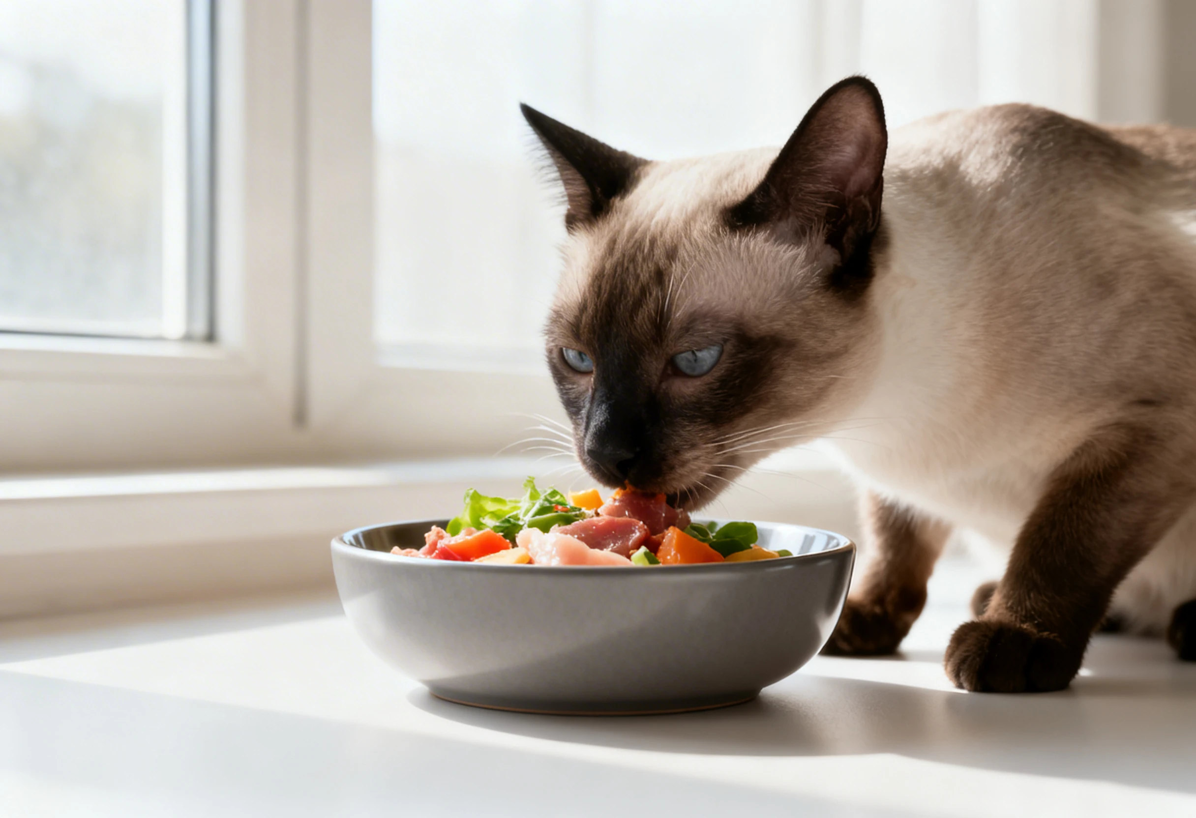 Chat domestique en train de manger une alimentation équilibrée avec viande et légumes
