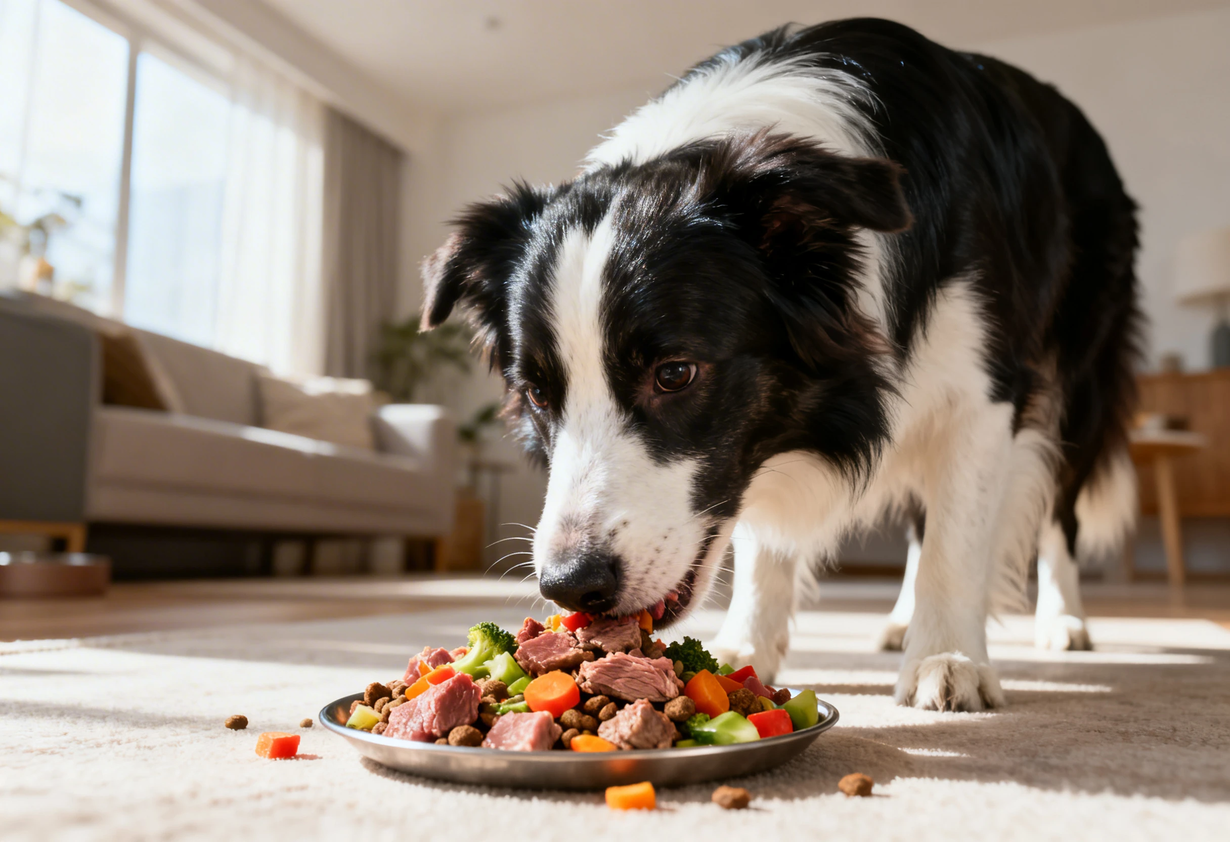 Chien domestique en train de manger une alimentation équilibrée avec viande, légumes et croquettes