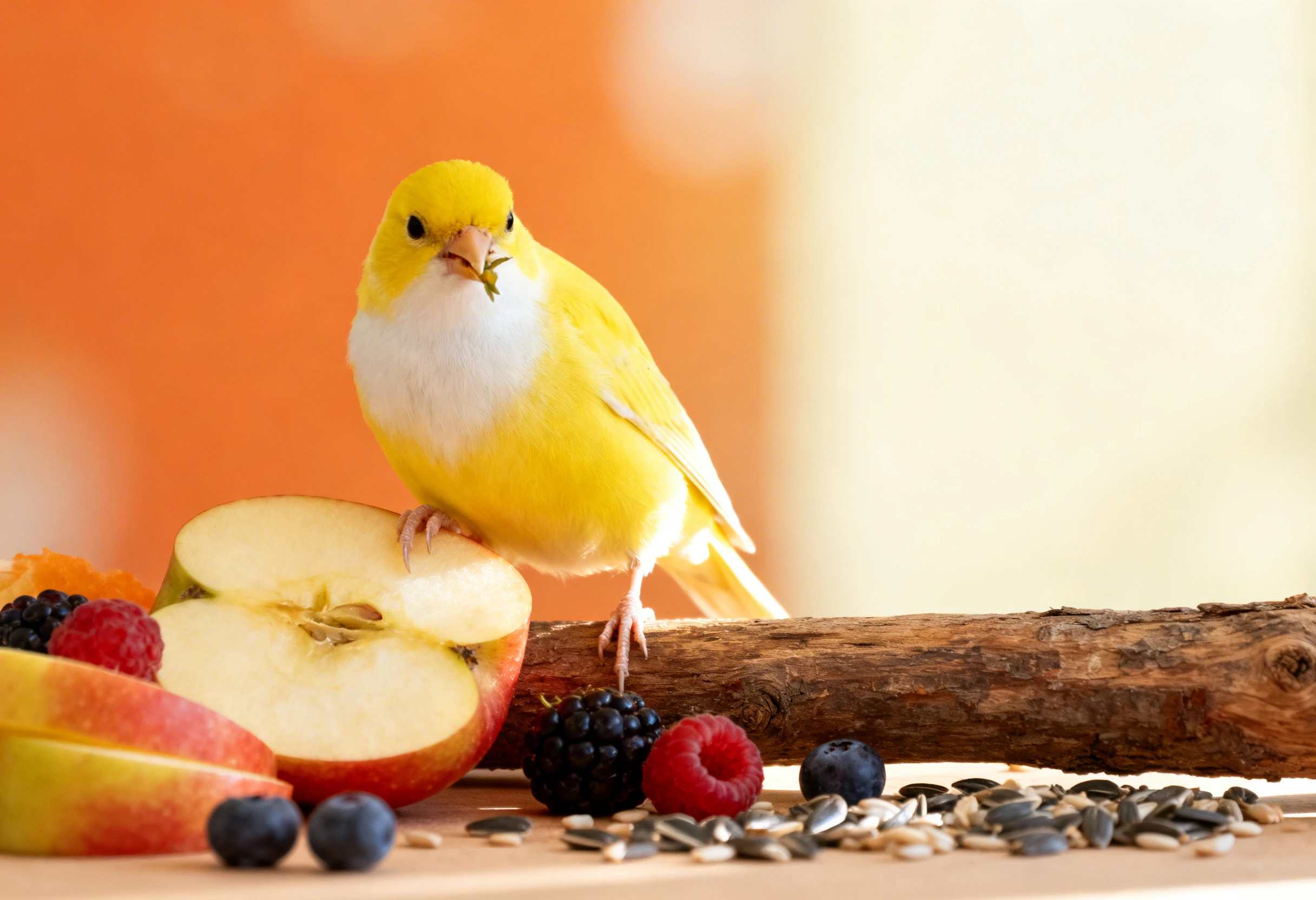Oiseau domestique mangeant des fruits et graines illustrant l’alimentation de l’oiseau
