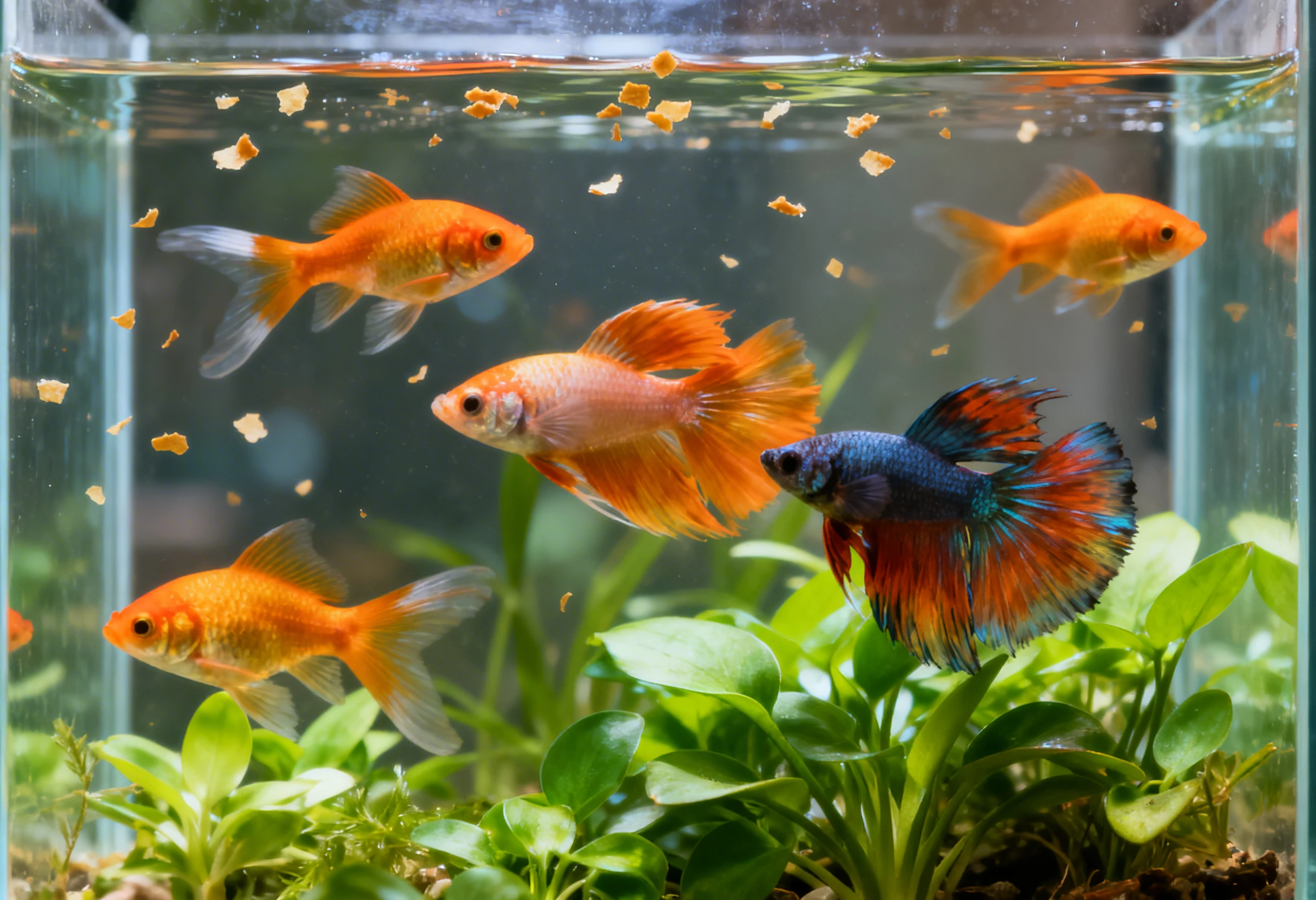 Poissons d’aquarium en train de se nourrir avec des flocons illustrant l’alimentation du poisson