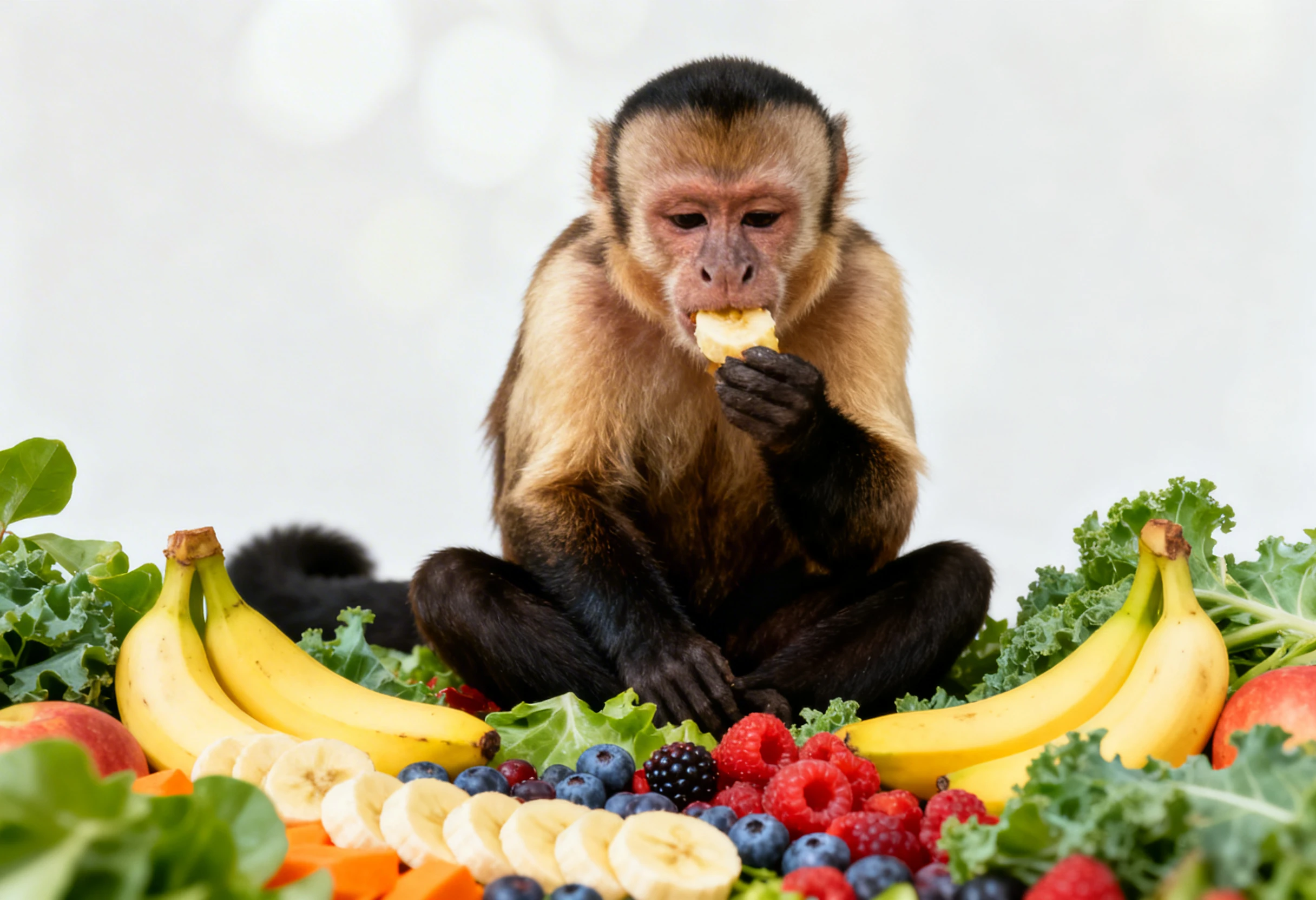 Primate en train de manger des fruits et légumes illustrant l’alimentation d’un primate