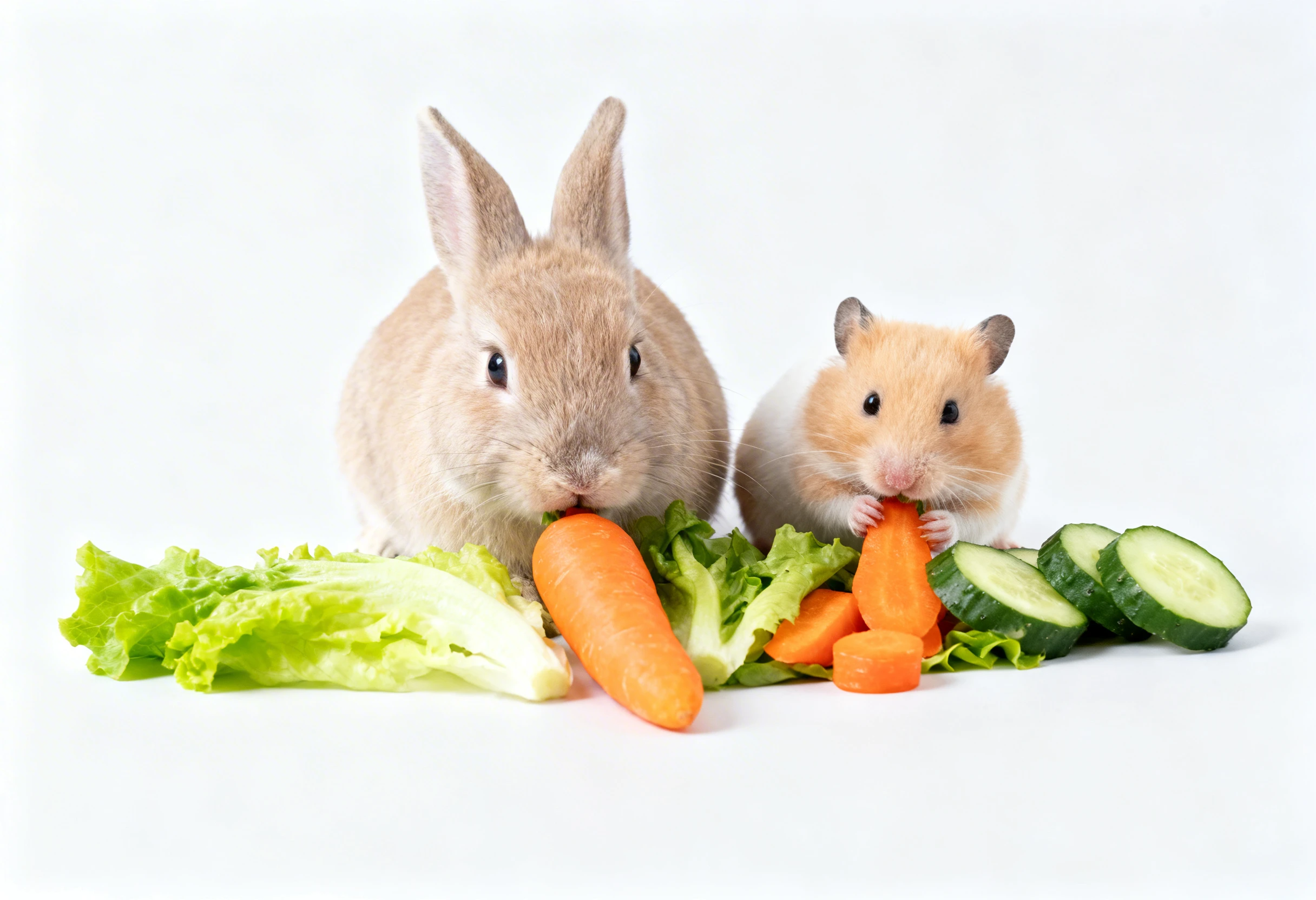 Rongeurs domestiques comme un lapin et un hamster mangeant des légumes illustrant l’alimentation du rongeur