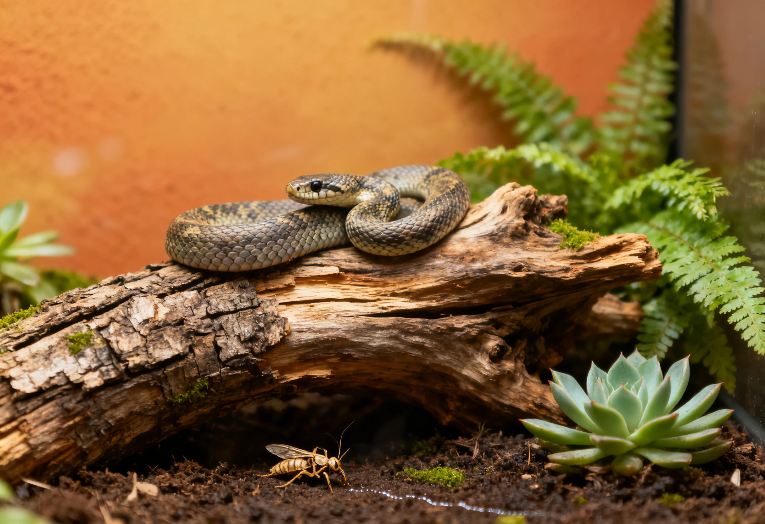 Serpent dans un terrarium observant une proie illustrant l’alimentation du serpent
