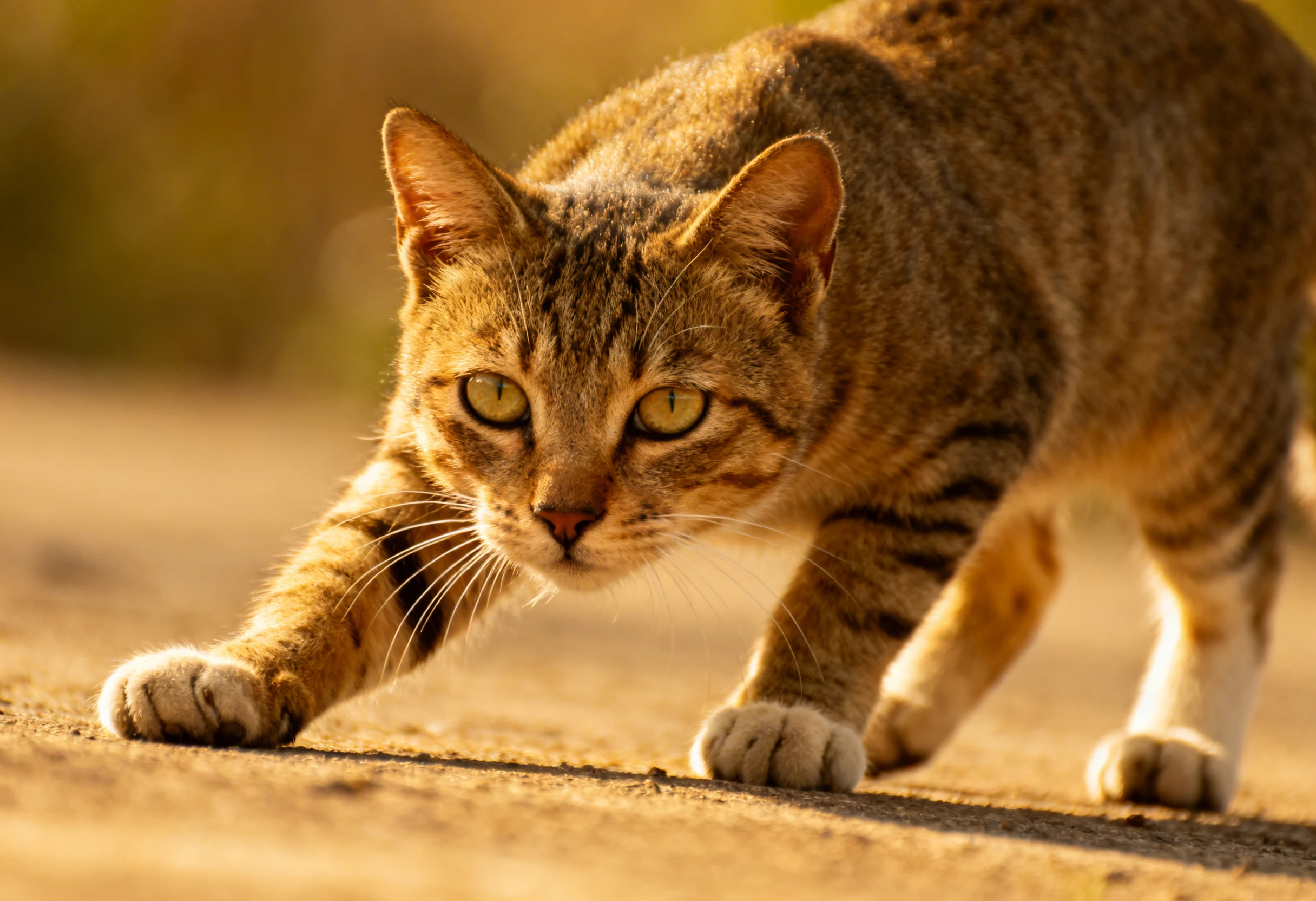 Chat domestique en position de chasse illustrant le comportement du chat dans son environnement naturel