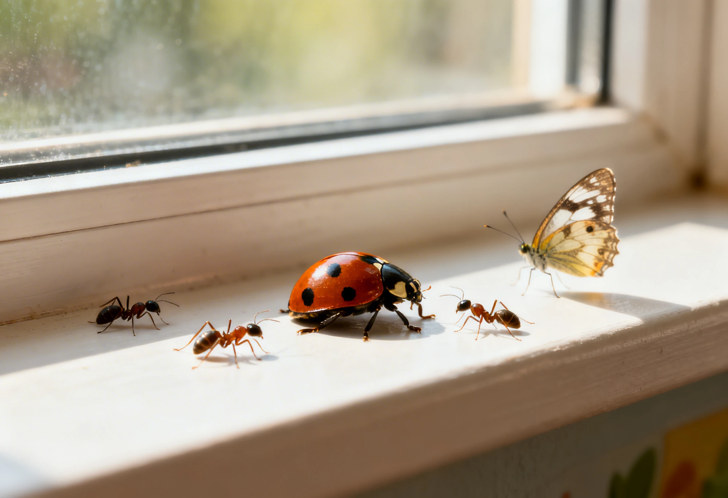 Insectes comme une coccinelle, des fourmis et un papillon illustrant le comportement d’un insecte dans son environnement