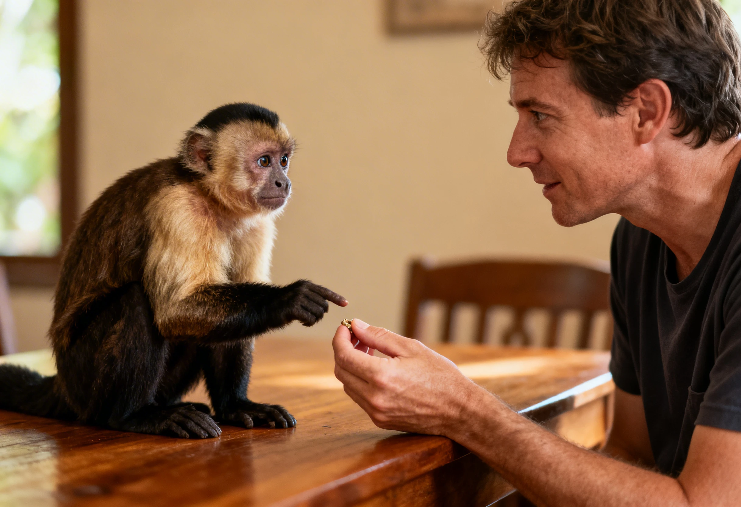 Interaction entre un humain et un primate illustrant le comportement d’un primate en apprentissage