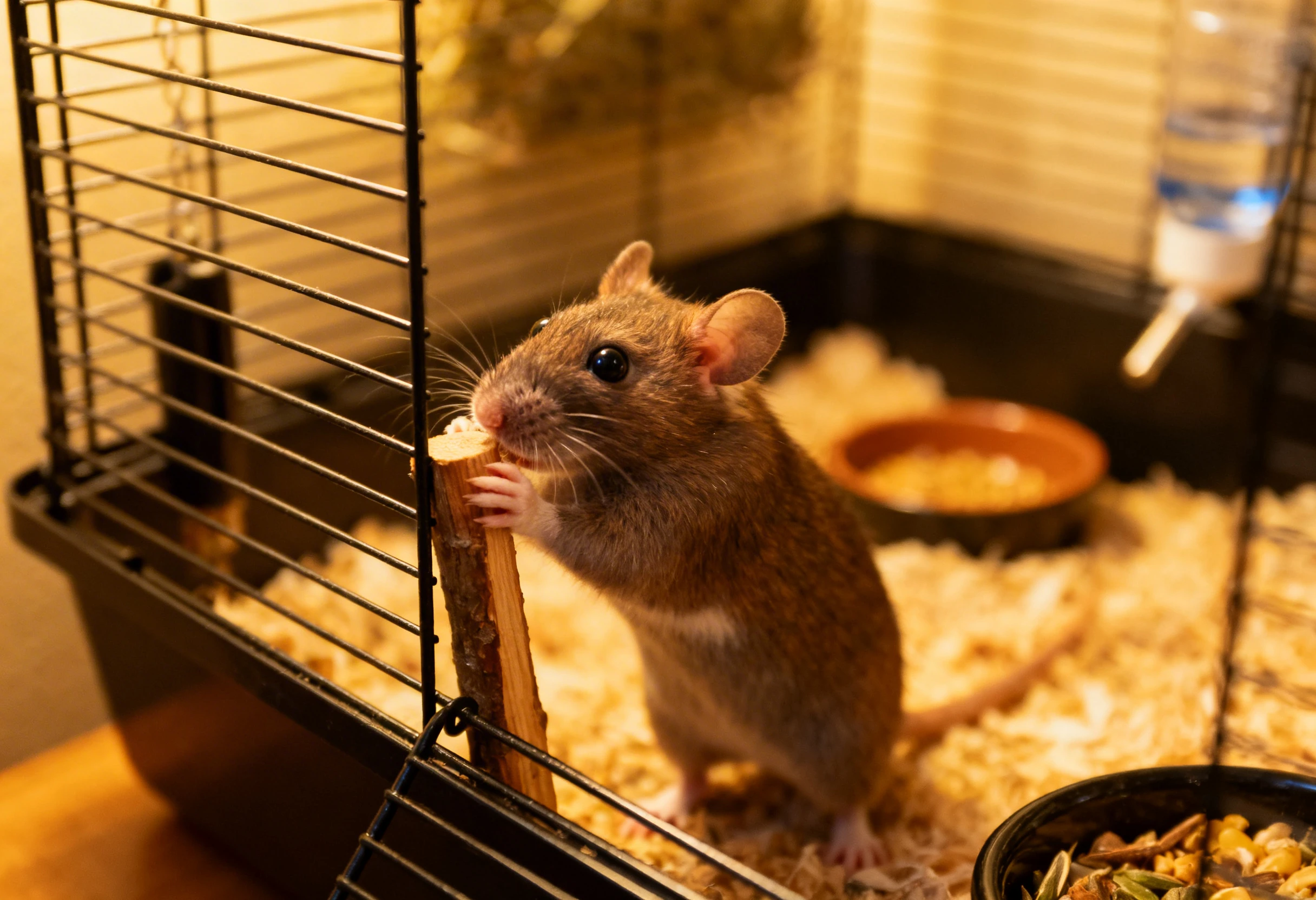 Rongeur domestique observant son environnement dans une cage aménagée avec accessoires et nourriture