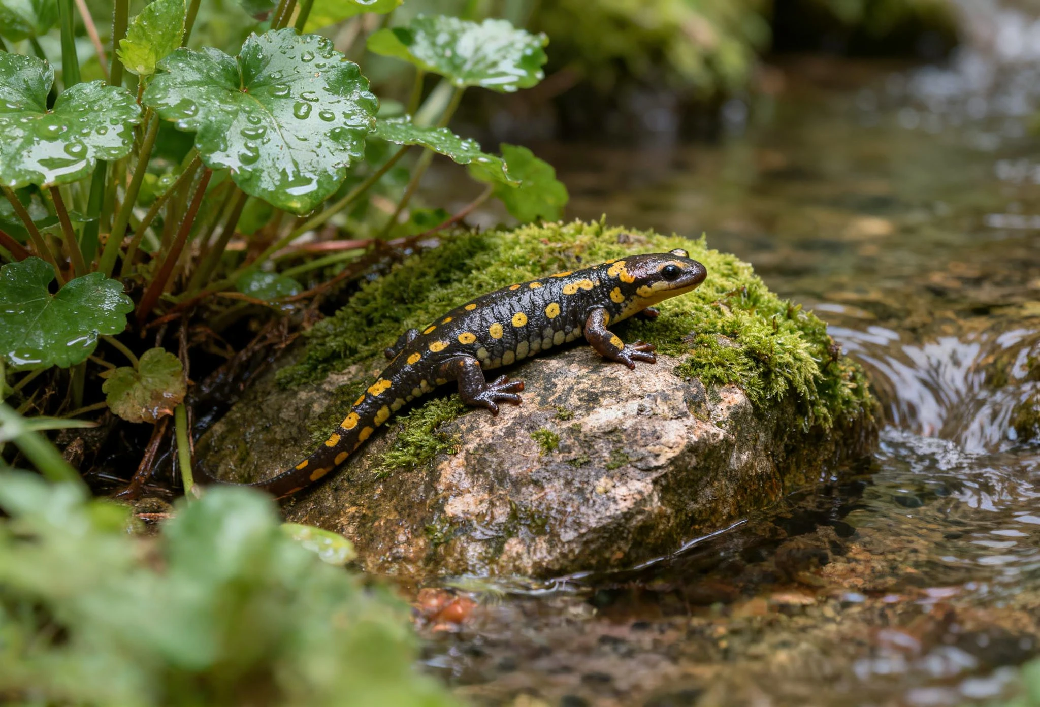Salamandre tachetée sur une pierre humide au bord d’un ruisseau en milieu naturel