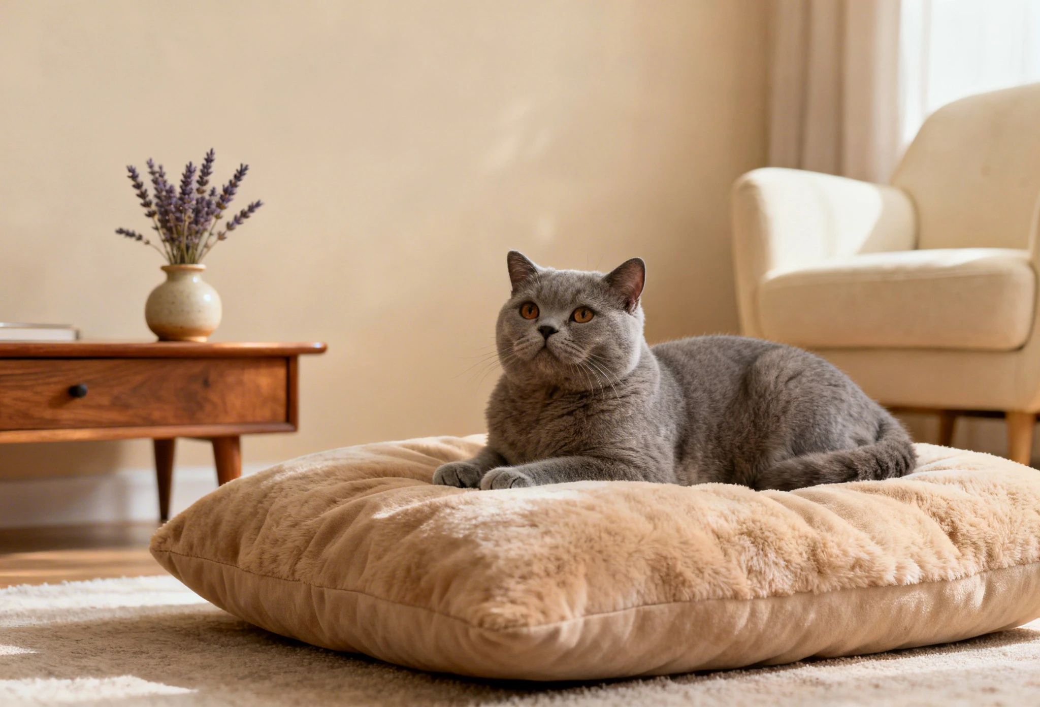 Chat gris allongé sur un coussin confortable dans un intérieur chaleureux
