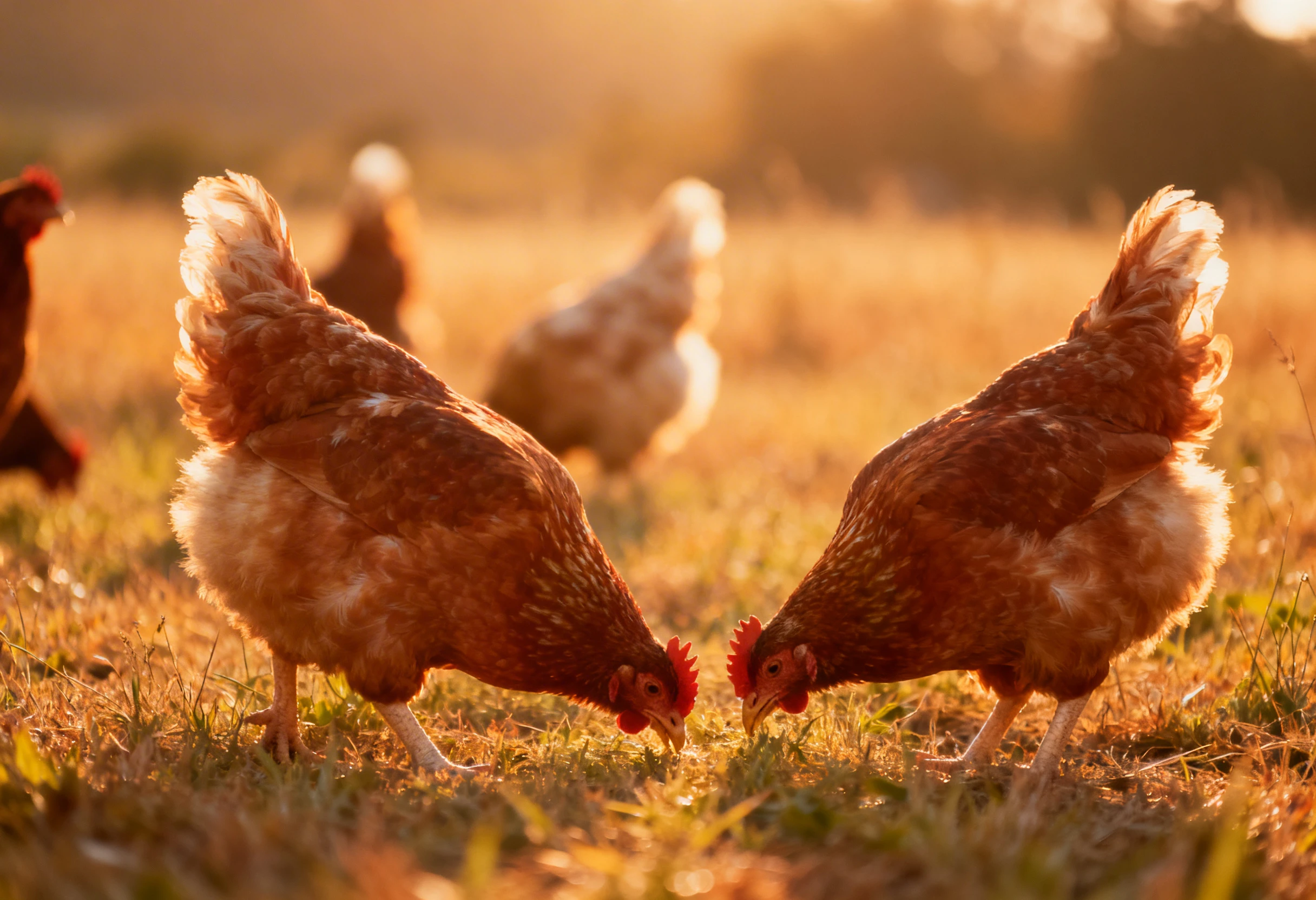 Poules en plein air se nourrissant au sol dans un environnement naturel