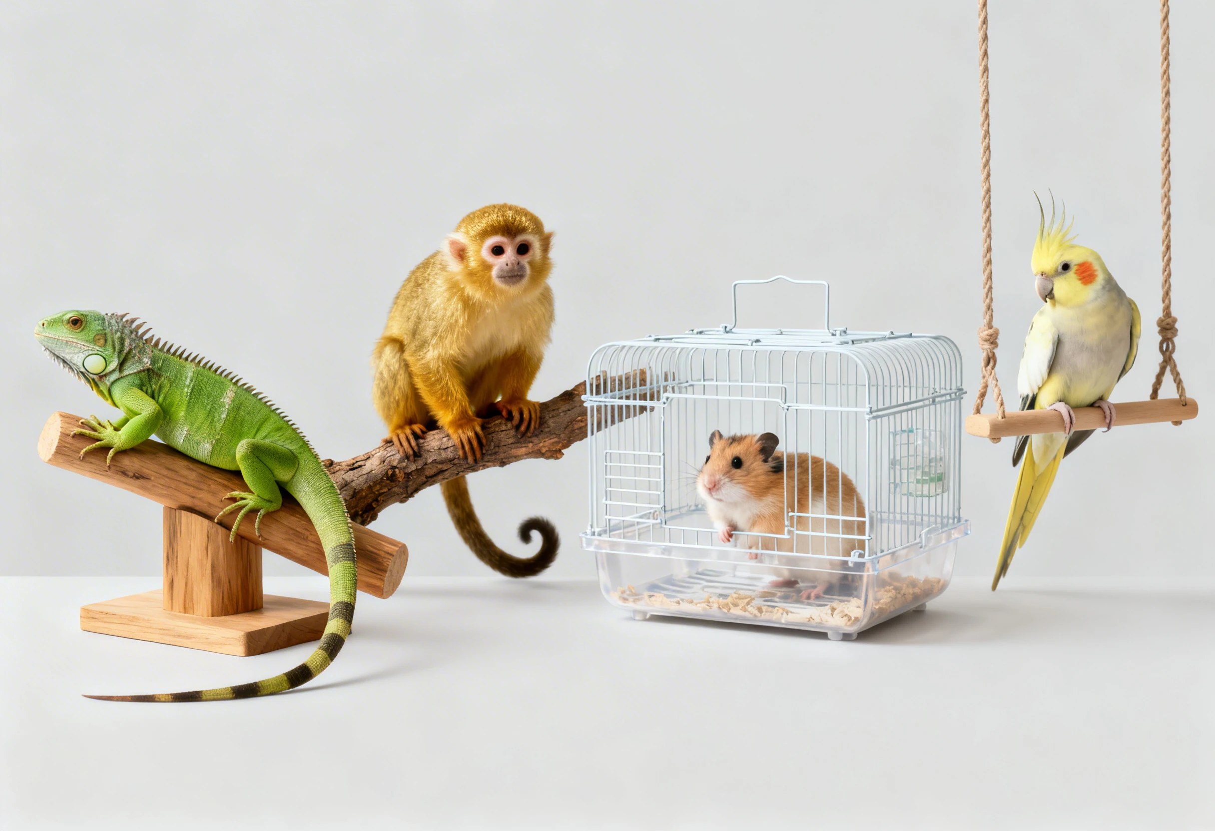 Différents NAC (reptile, primate, rongeur, oiseau) illustrant des conseils de soins et d’entretien