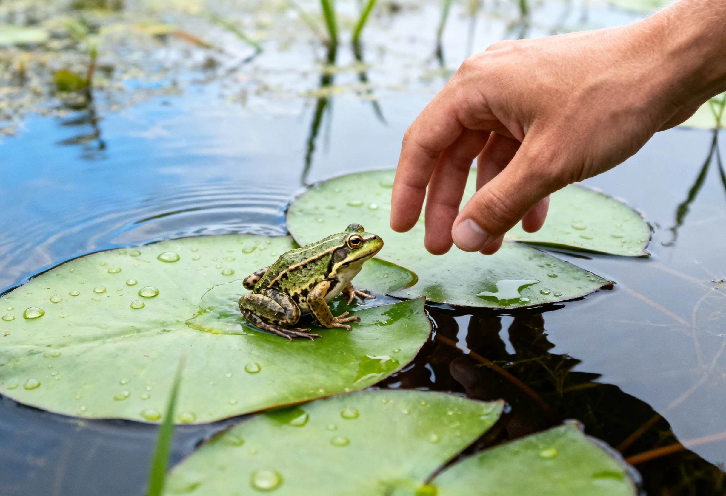 Main approchant et éduquant un amphibien comme une grenouille sur des nénuphars dans un milieu aquatique