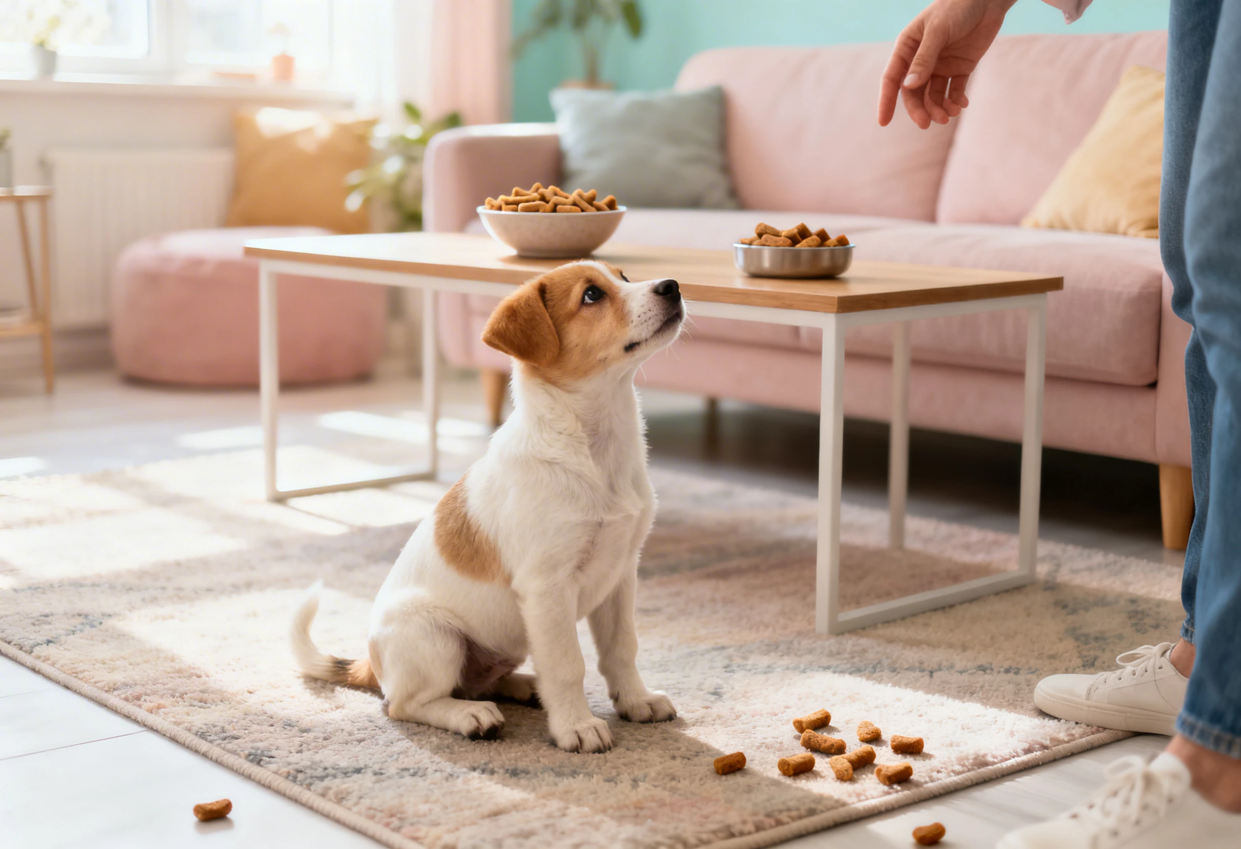 Personne en train d’éduquer un animal de compagnie comme un chien avec des friandises à la maison