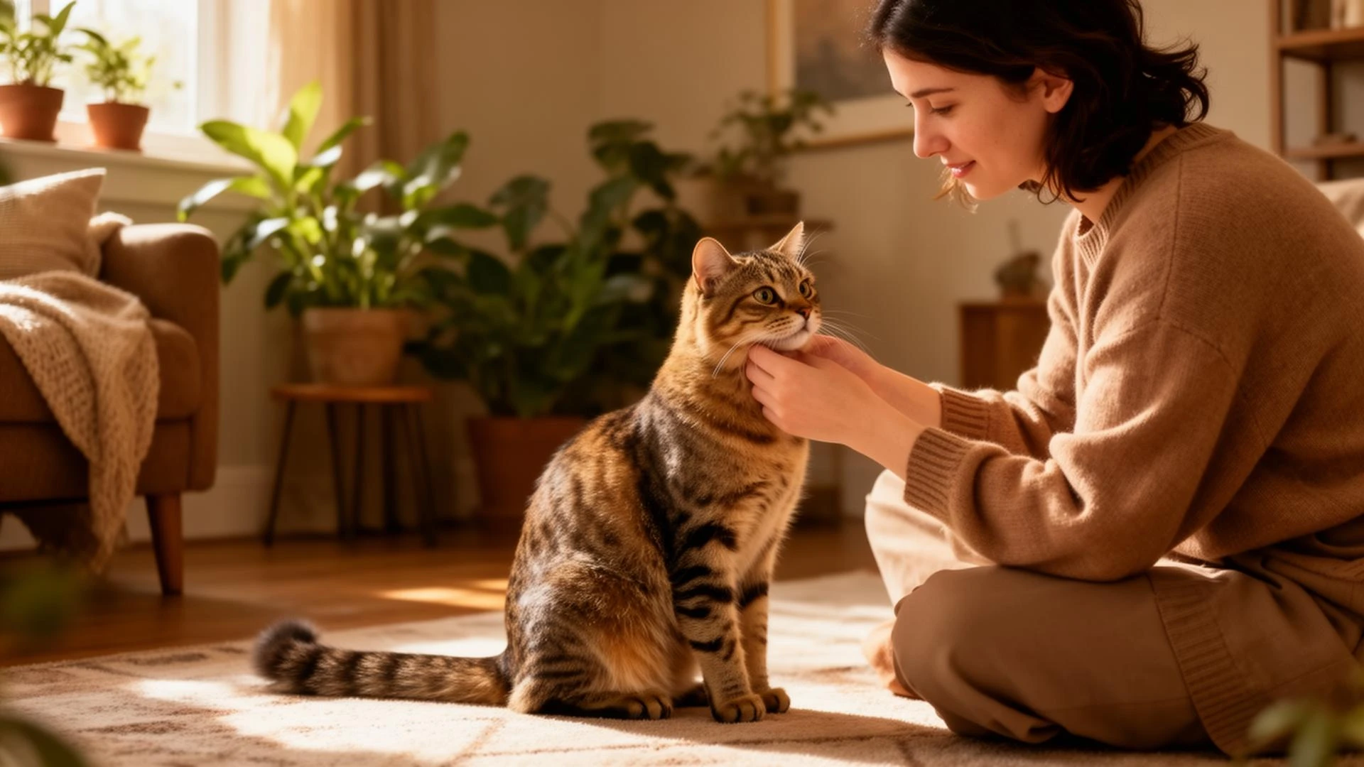 Femme en train d’éduquer un chat tigré à la maison dans un salon lumineux
