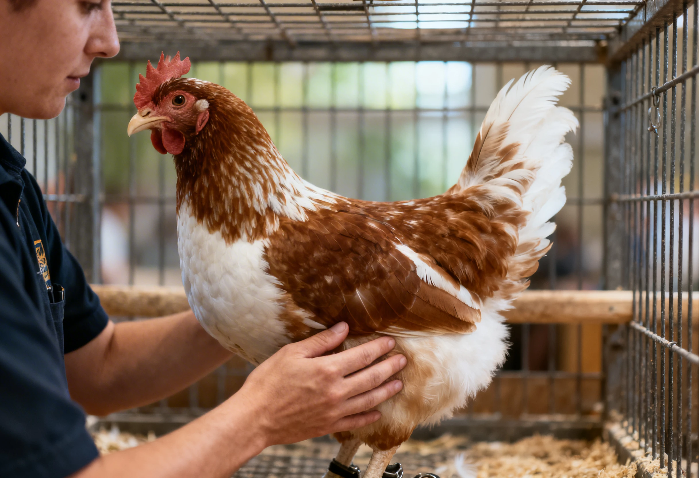 Personne en train d’éduquer un gallinacé comme une poule dans un enclos adapté