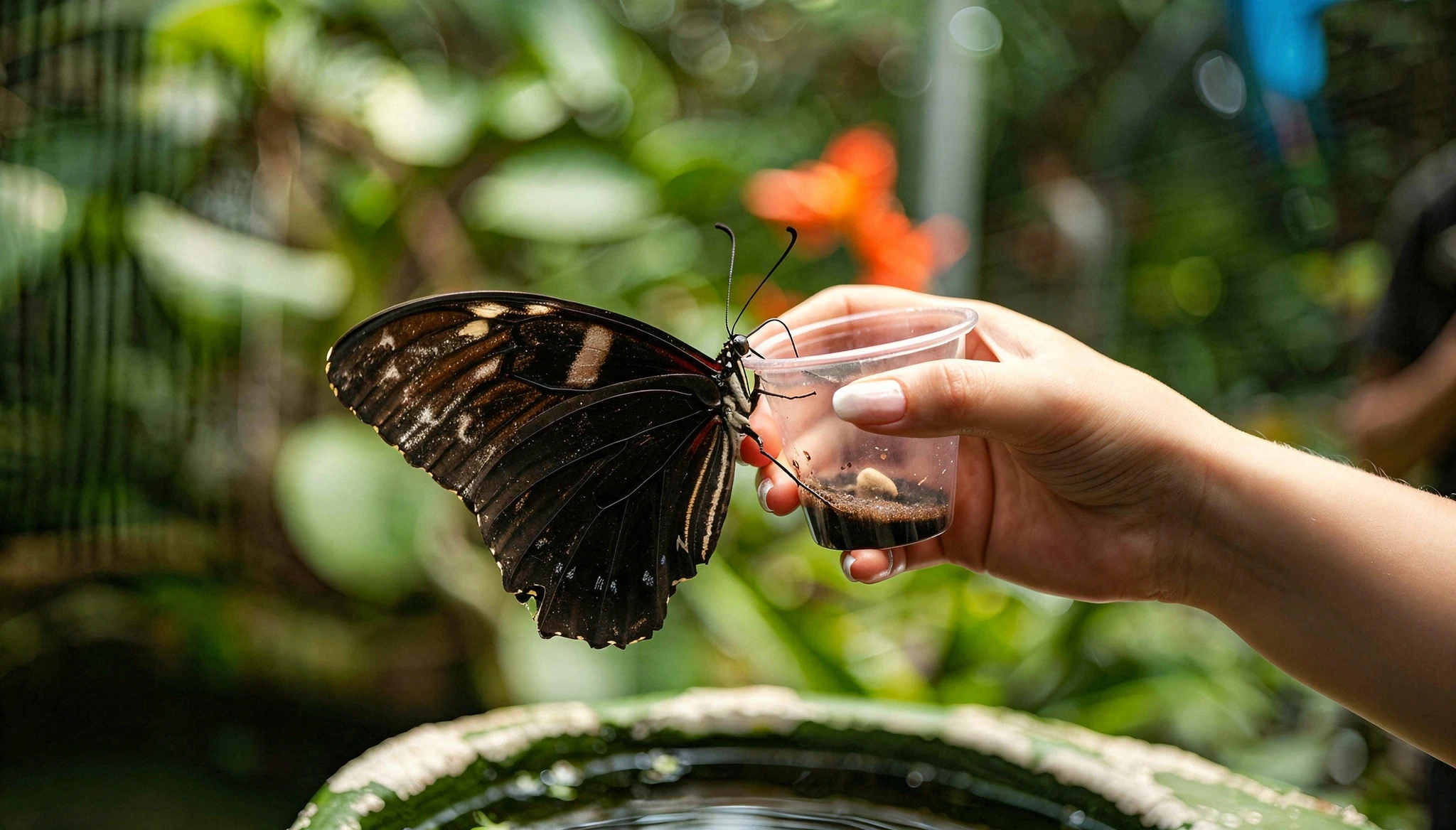 Personne nourrissant et éduquant un insecte comme un papillon dans un environnement naturel