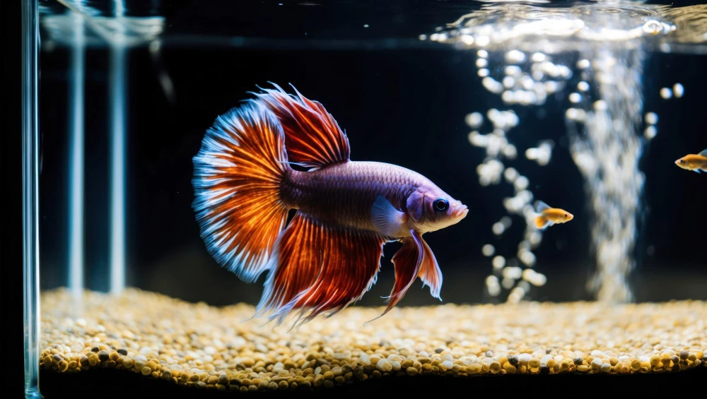 Poisson d’aquarium en train d’être éduqué dans un bac avec bulles et décor aquatique