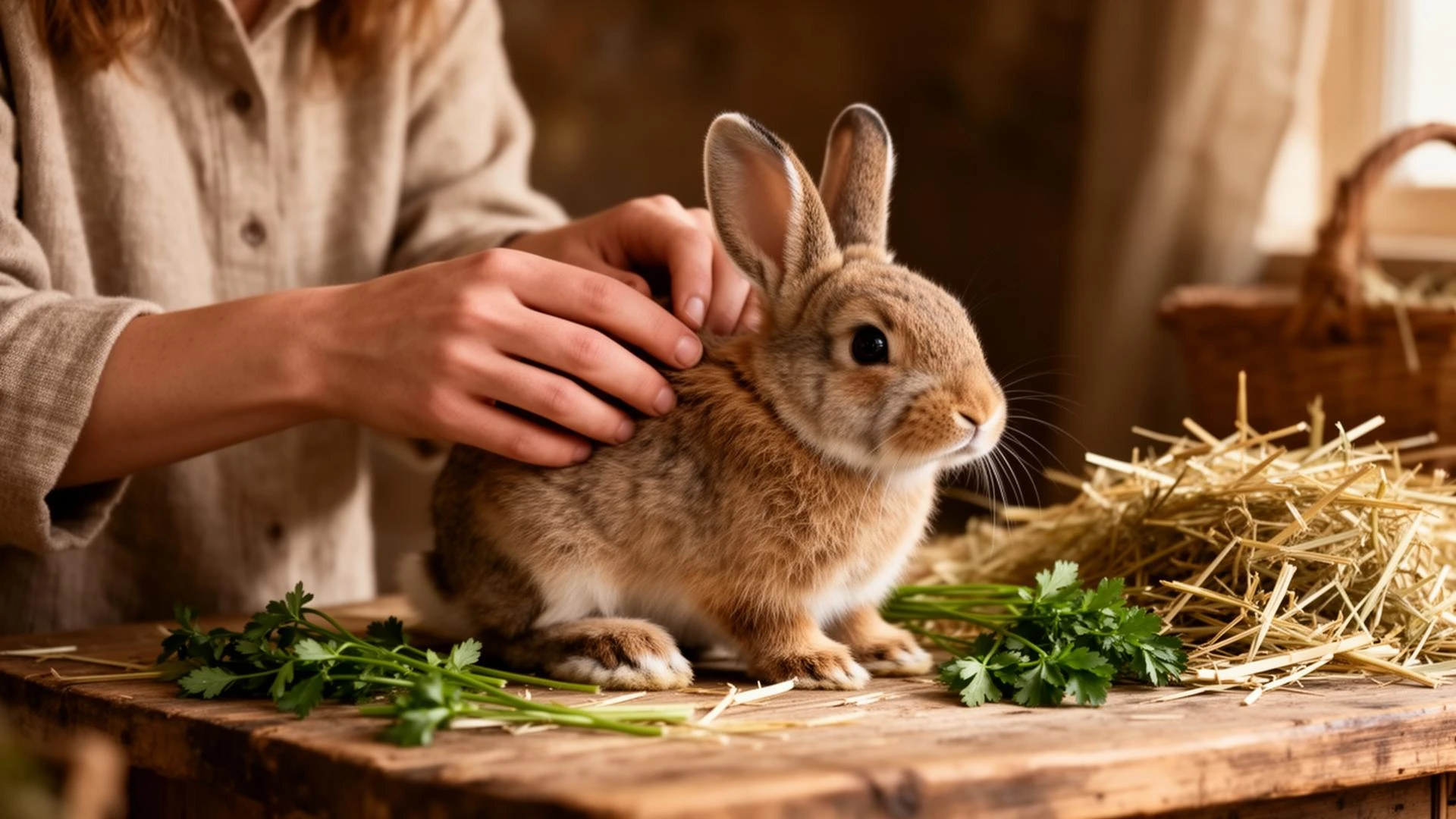 Personne en train d’éduquer un rongeur domestique comme un lapin sur une table avec du foin et des herbes