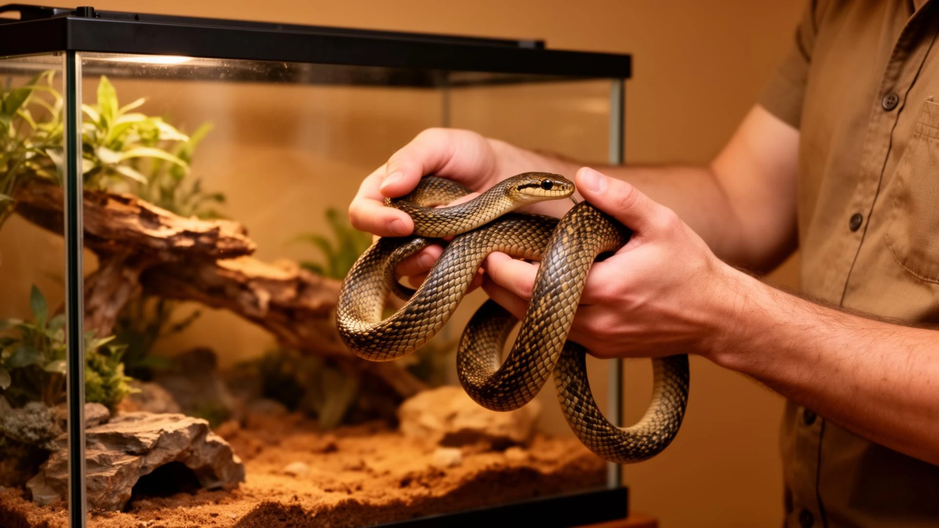 Personne manipulant et éduquant un serpent dans un terrarium aménagé